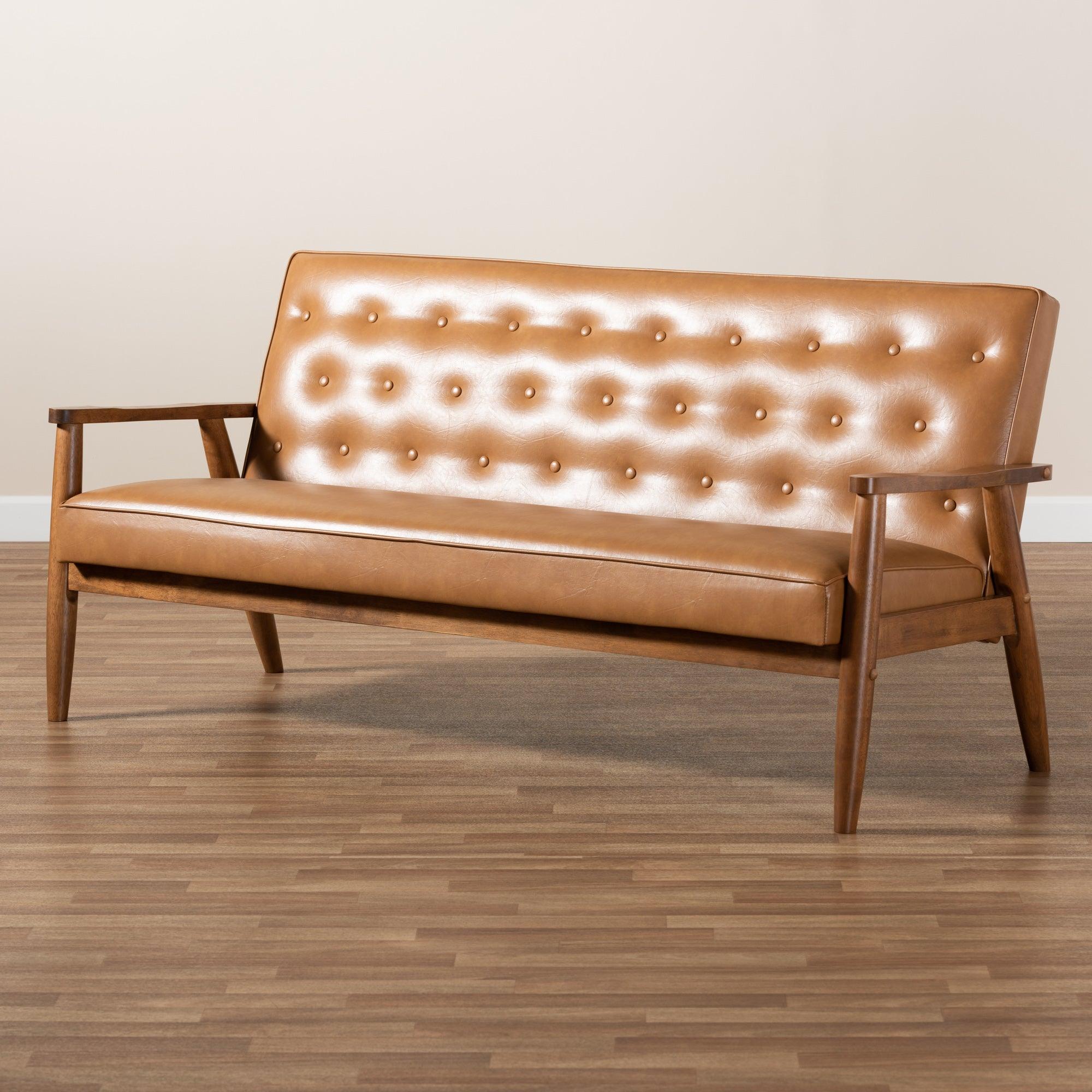 Sorrento Mid-Century Modern Faux Leather Upholstered and Finished Wood Sofa