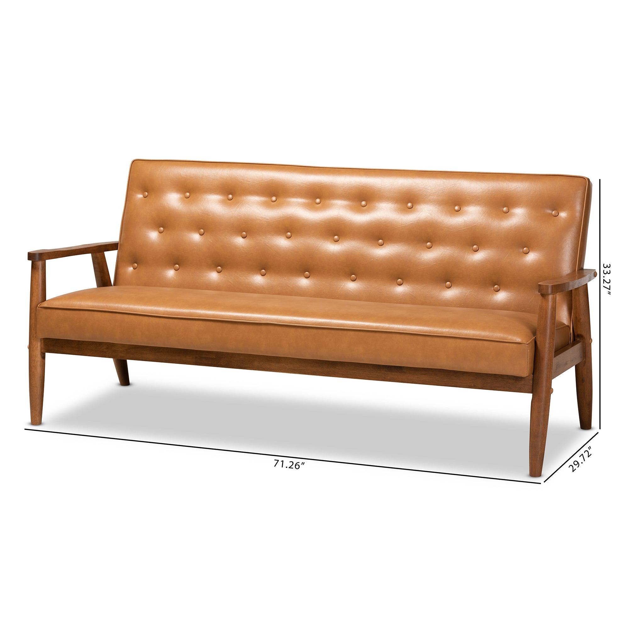 Sorrento Mid-Century Modern Faux Leather Upholstered and Finished Wood Sofa