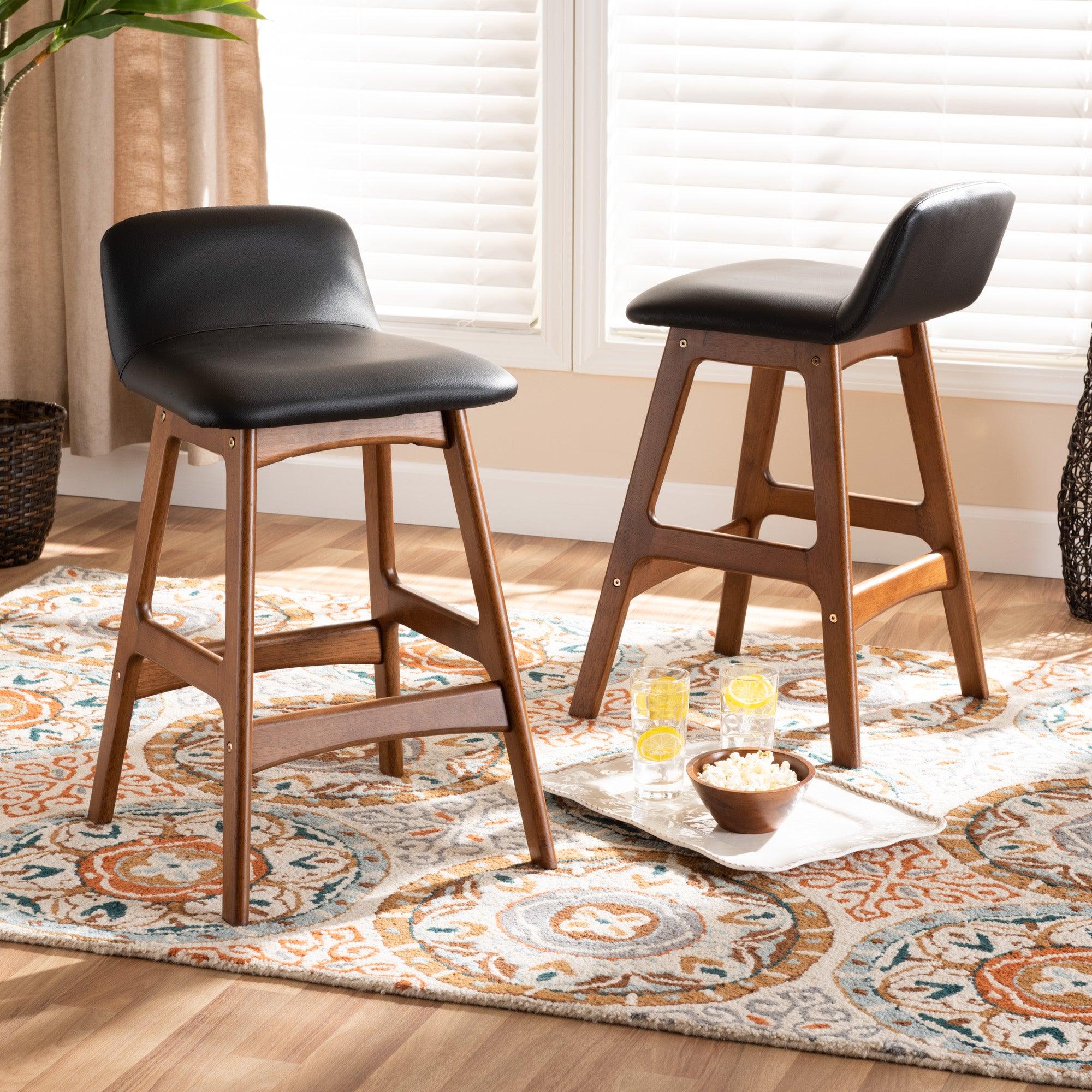 Darrin Mid-Century Modern Faux Leather Upholstered and Finished Wood 2-Piece Counter Stool Set