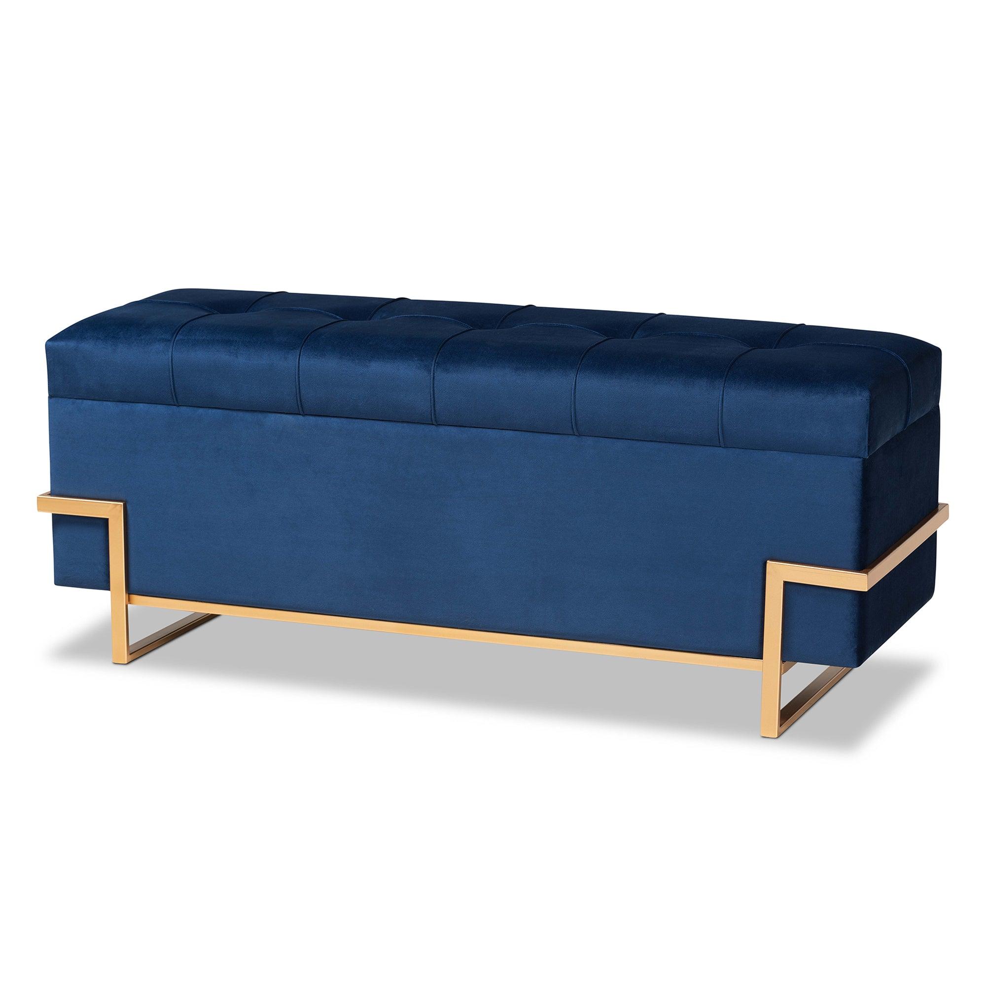 Parker Glam and Luxe Velvet Upholstered and Metal Finished Storage Ottoman