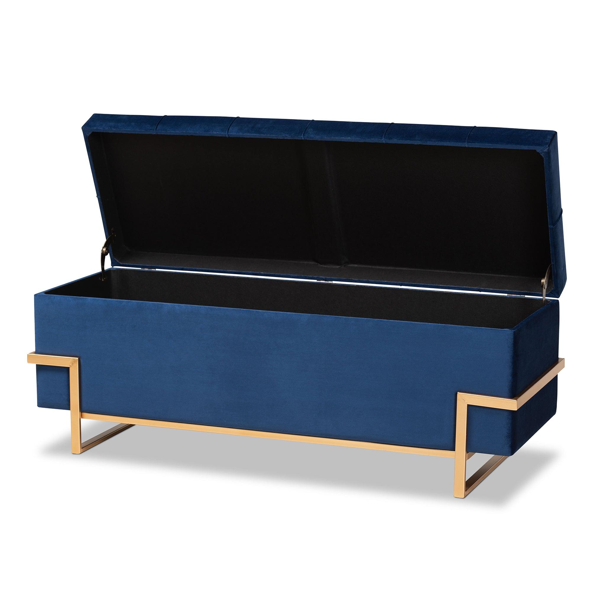 Parker Glam and Luxe Velvet Upholstered and Metal Finished Storage Ottoman