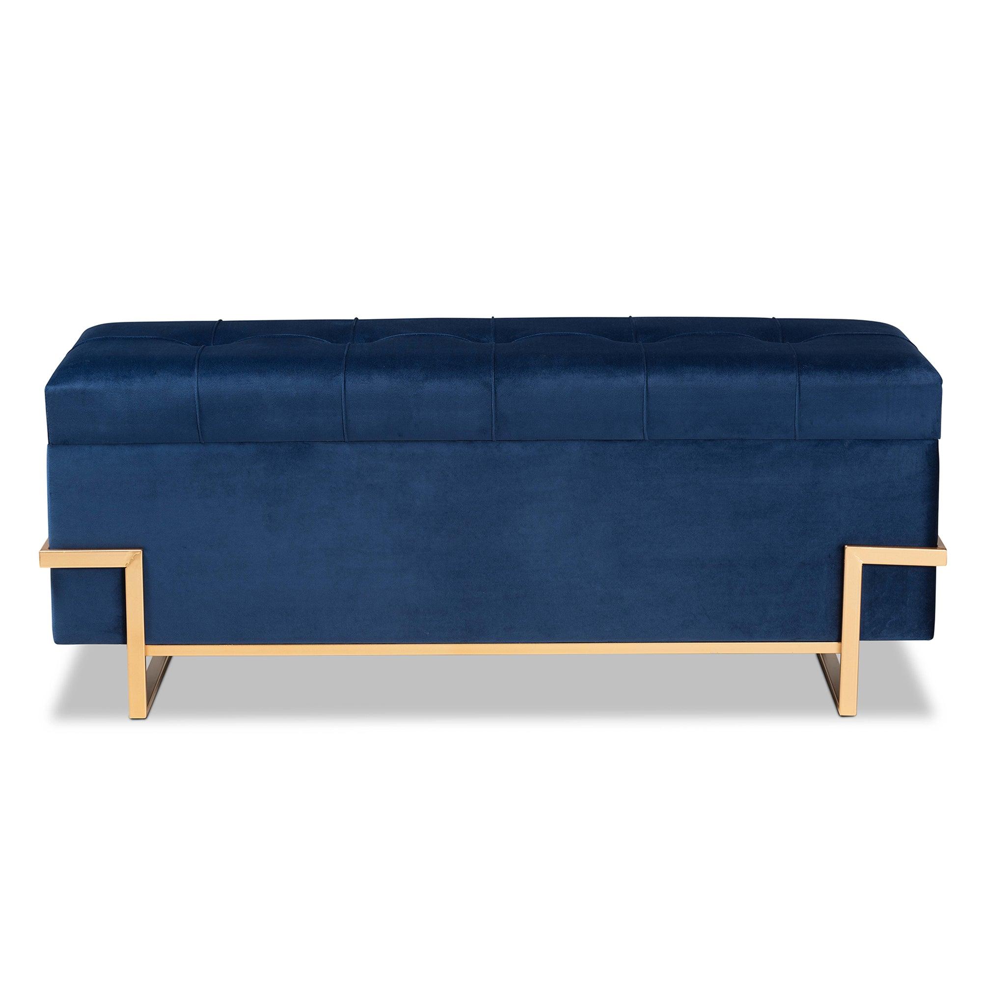 Parker Glam and Luxe Velvet Upholstered and Metal Finished Storage Ottoman