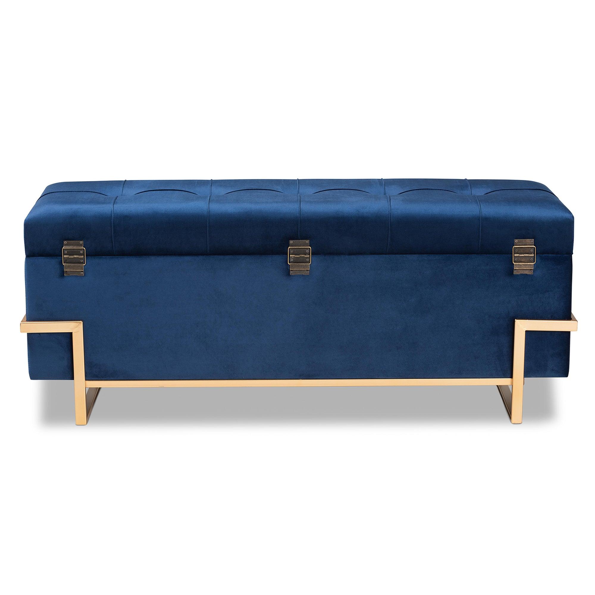 Parker Glam and Luxe Velvet Upholstered and Metal Finished Storage Ottoman