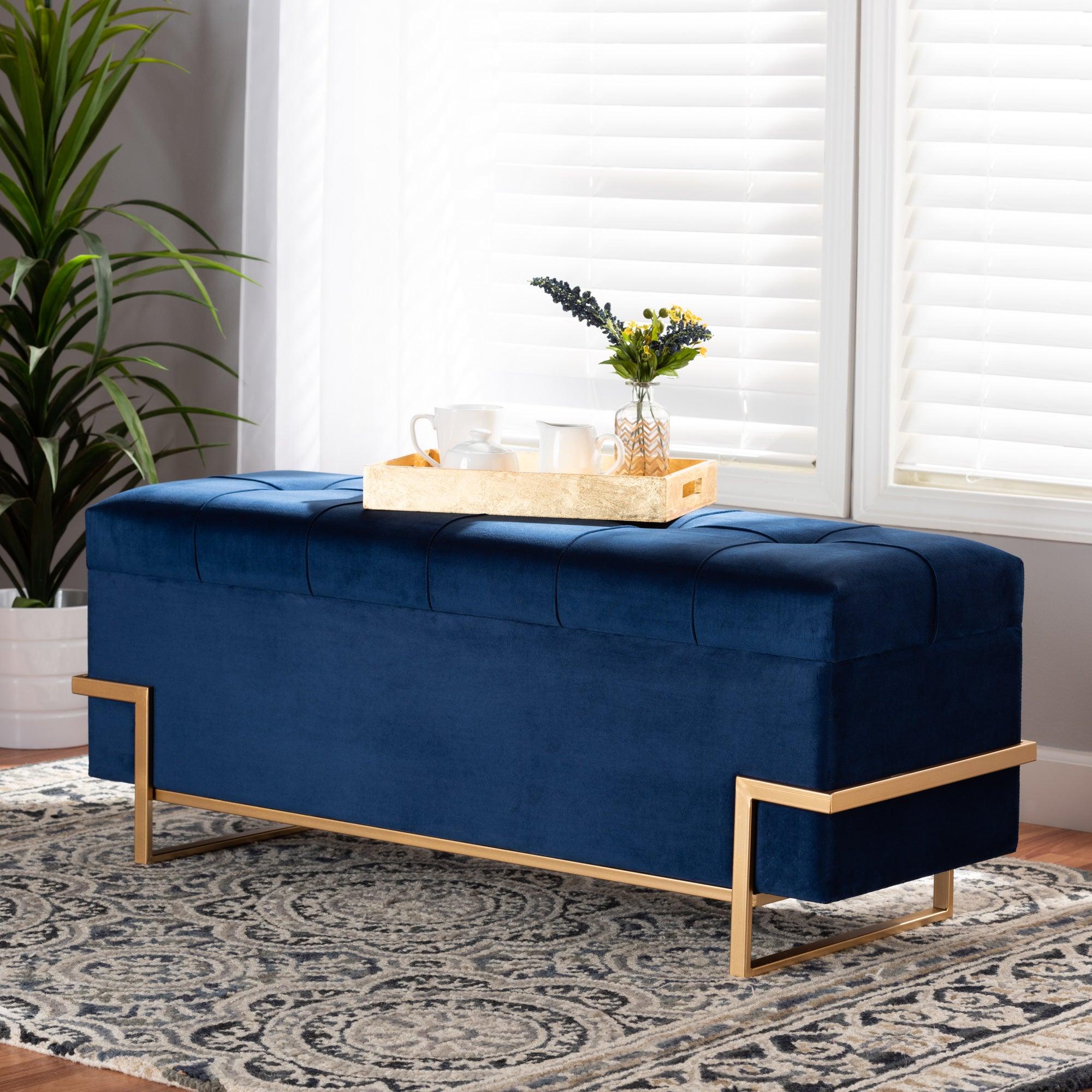 Parker Glam and Luxe Velvet Upholstered and Metal Finished Storage Ottoman