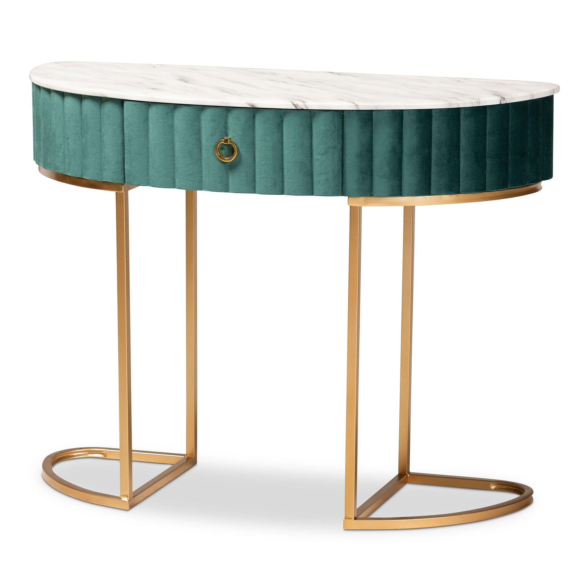 Beale Luxe and Glam Velvet Upholstered and Brushed Finished 1-Drawer Console Table with Faux Marble Tabletop