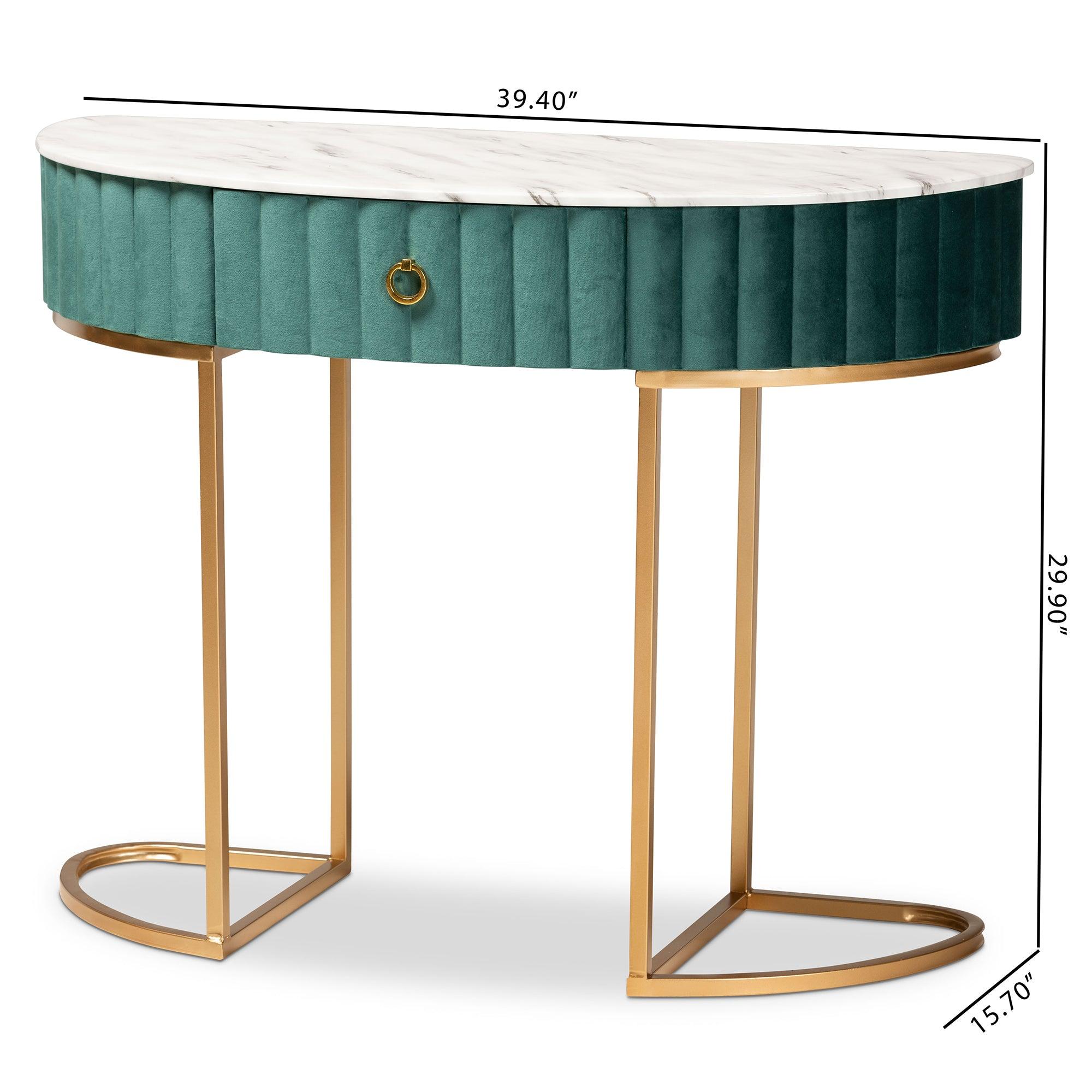 Beale Luxe and Glam Velvet Upholstered and Brushed Finished 1-Drawer Console Table with Faux Marble Tabletop