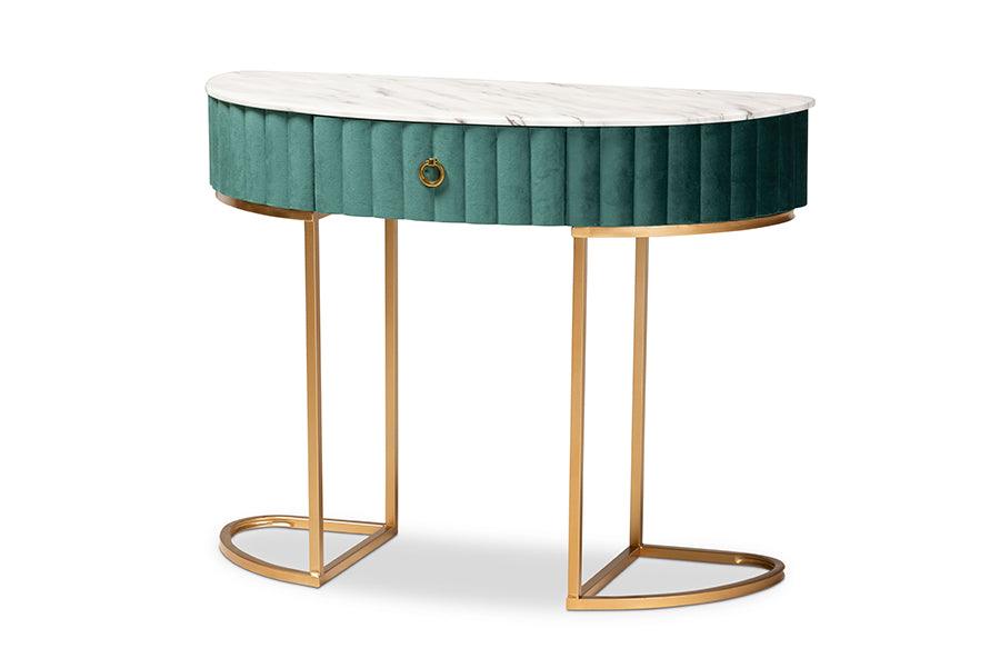 Beale Luxe and Glam Velvet Upholstered and Brushed Finished 1-Drawer Console Table with Faux Marble Tabletop