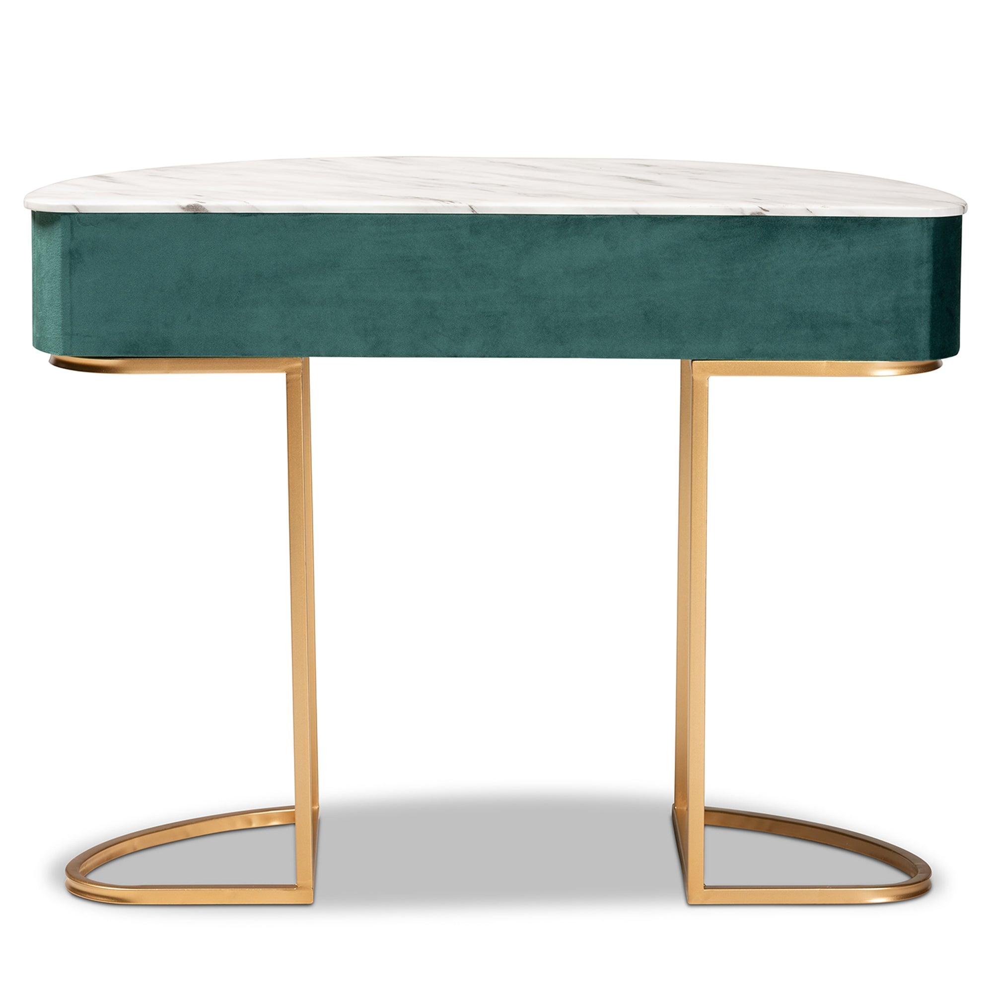 Beale Luxe and Glam Velvet Upholstered and Brushed Finished 1-Drawer Console Table with Faux Marble Tabletop