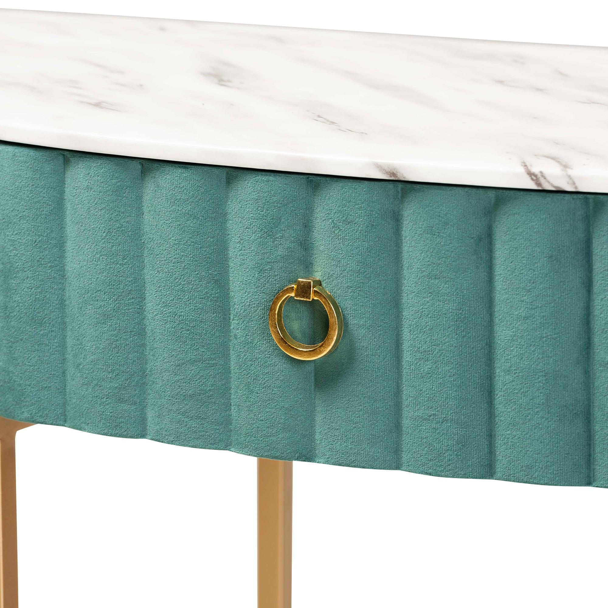 Beale Luxe and Glam Velvet Upholstered and Brushed Finished 1-Drawer Console Table with Faux Marble Tabletop