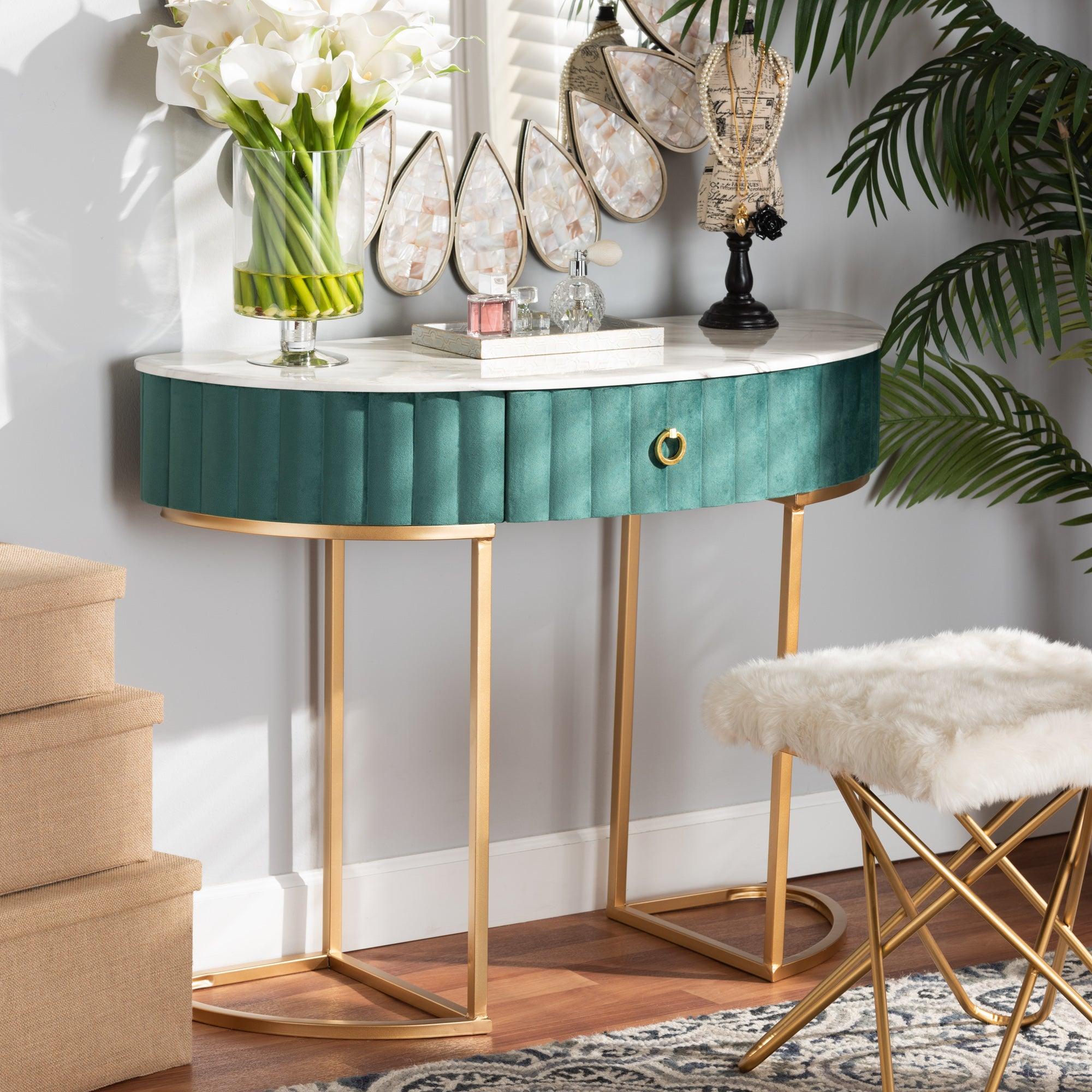 Beale Luxe and Glam Velvet Upholstered and Brushed Finished 1-Drawer Console Table with Faux Marble Tabletop