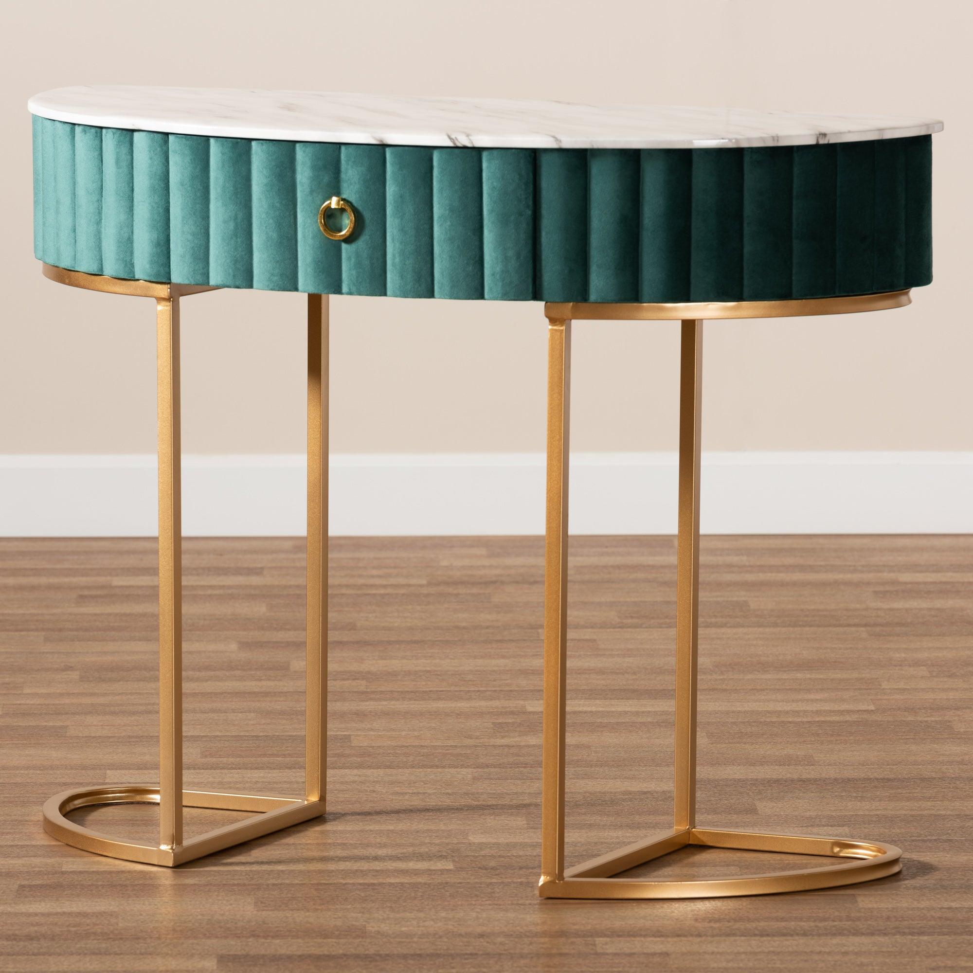 Beale Luxe and Glam Velvet Upholstered and Brushed Finished 1-Drawer Console Table with Faux Marble Tabletop