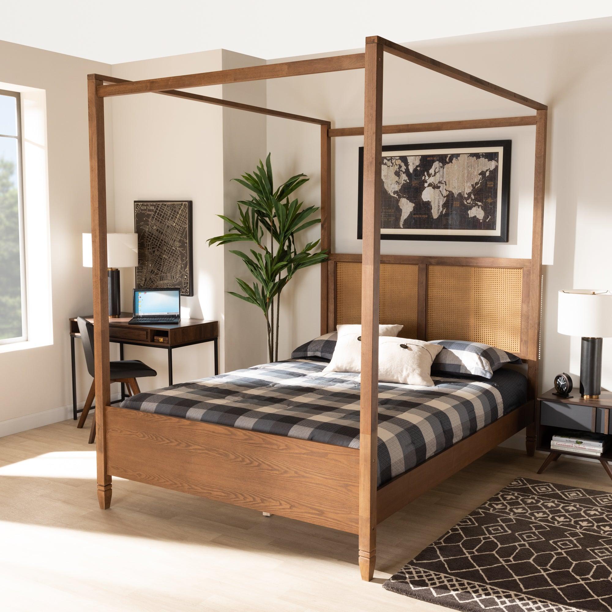 Malia Modern and Contemporary Finished Wood and Synthetic Rattan Canopy Bed