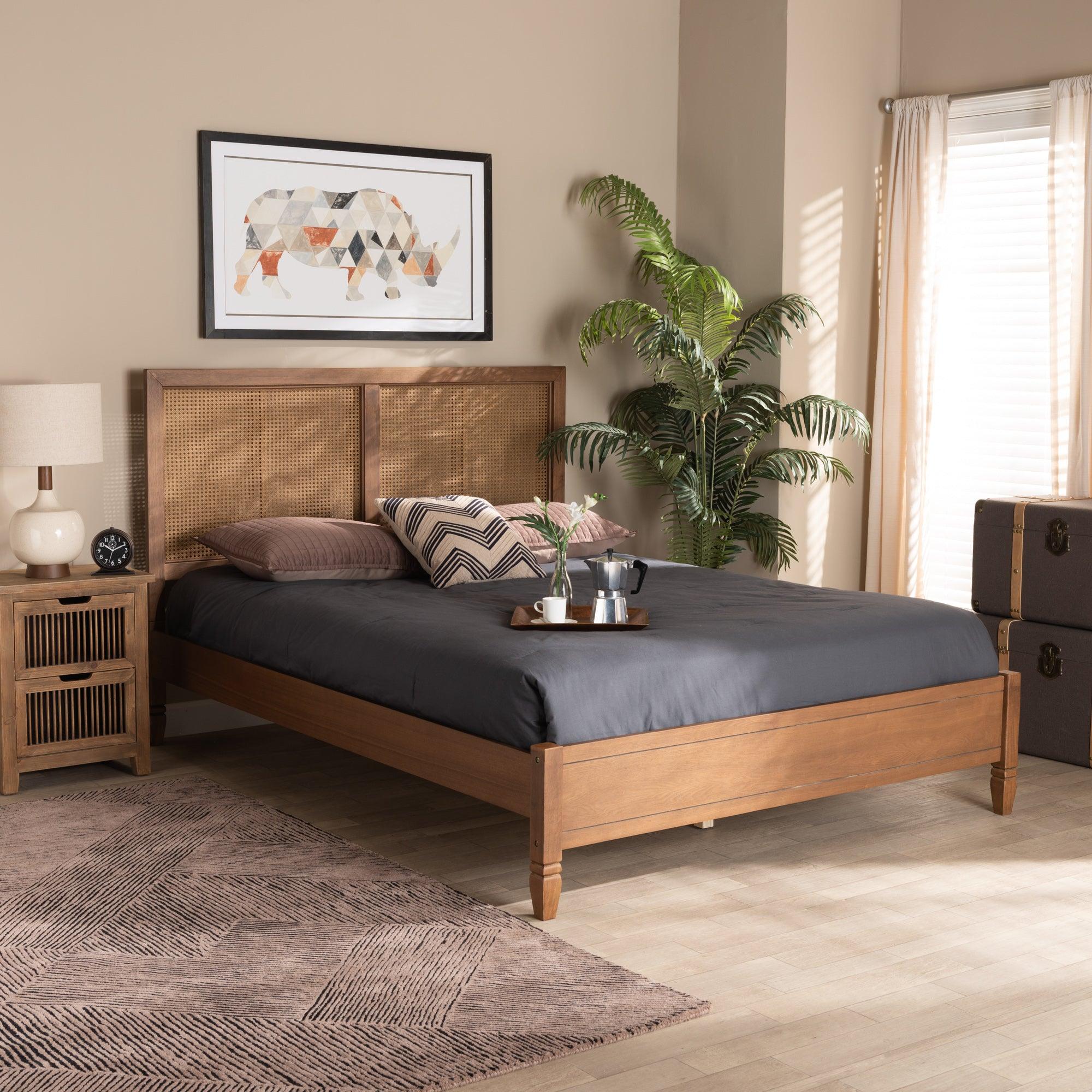 mond Mid-Century Modern Finished Wood and Synthetic Rattan Platform Bed