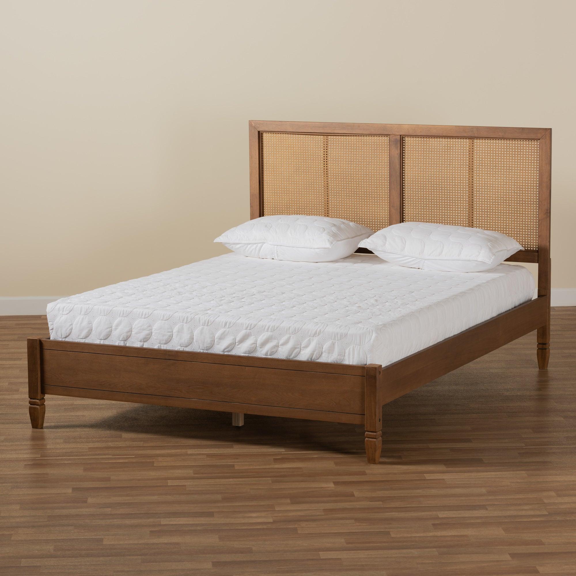 mond Mid-Century Modern Finished Wood and Synthetic Rattan Platform Bed