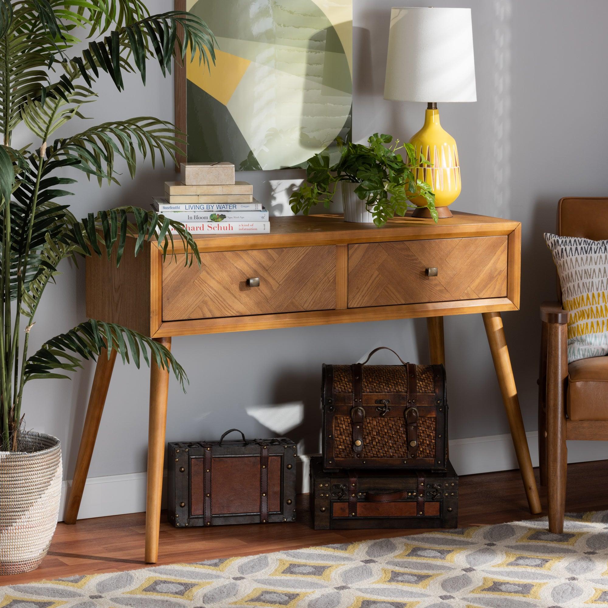 Mae Mid-Century Modern Finished Wood 2-Drawer Console Table