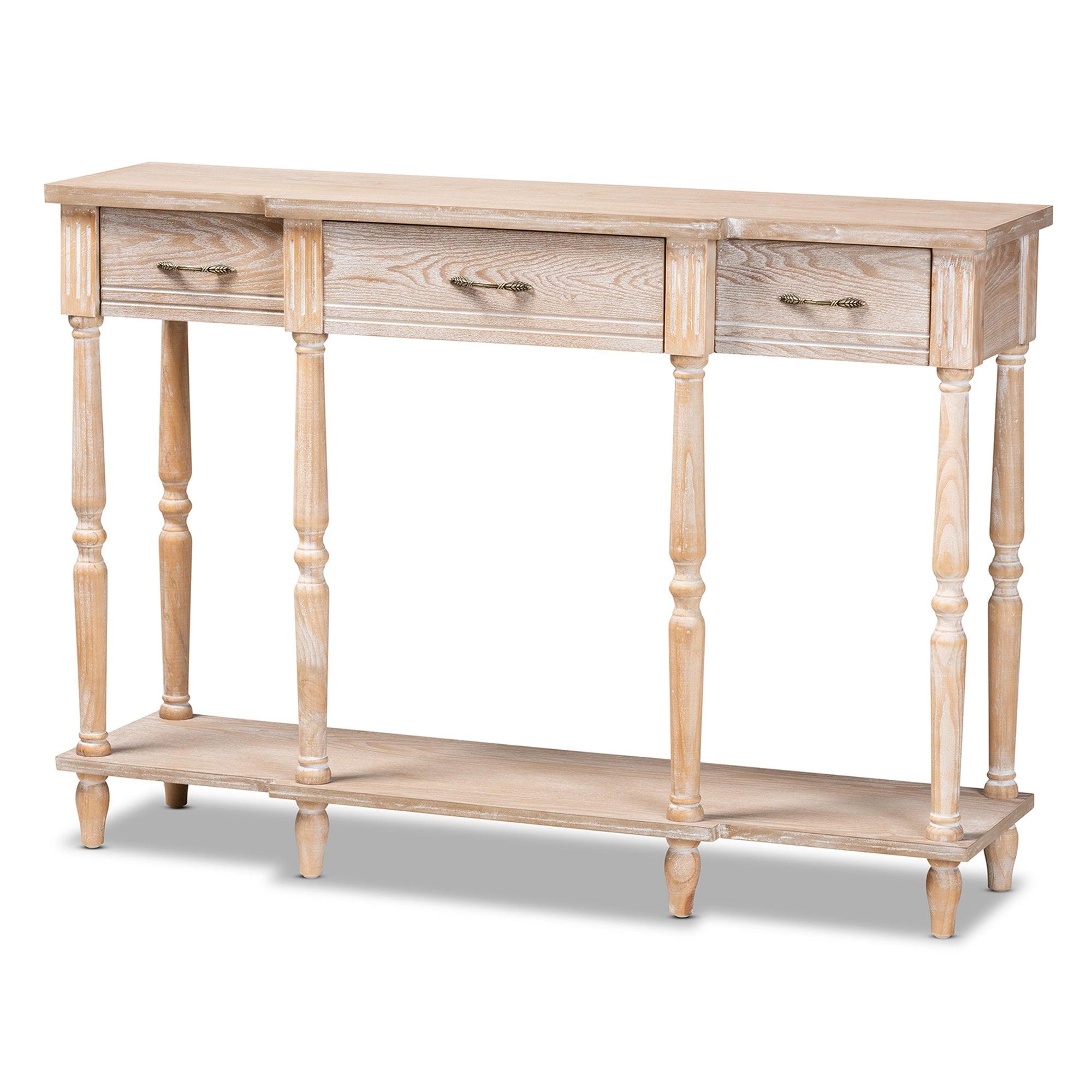 Hallan Classic and Traditional French Provincial Rustic washed Finished Wood 3-Drawer Console Table