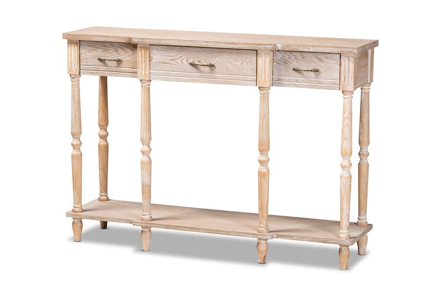 Hallan Classic and Traditional French Provincial Rustic washed Finished Wood 3-Drawer Console Table