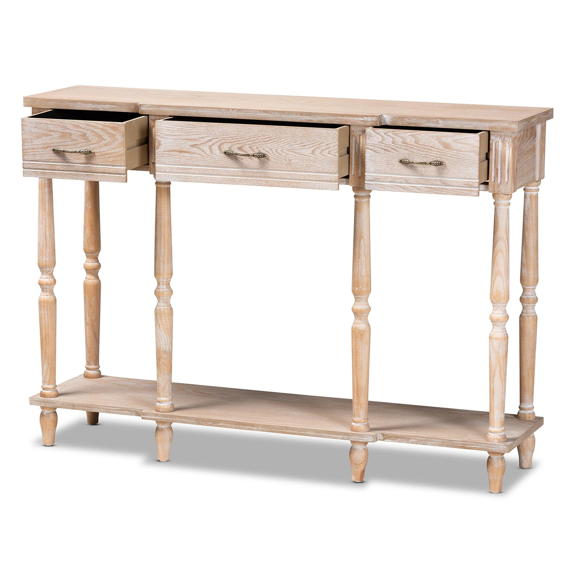 Hallan Classic and Traditional French Provincial Rustic washed Finished Wood 3-Drawer Console Table