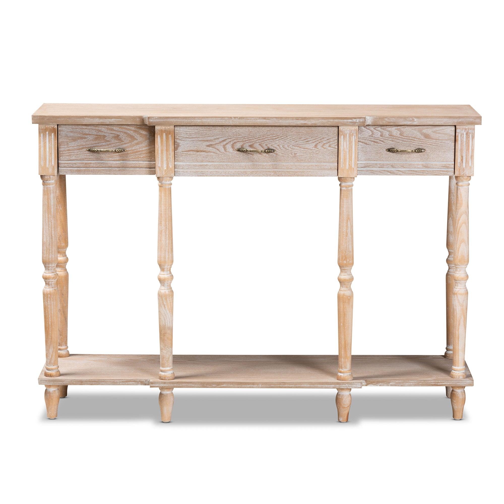 Hallan Classic and Traditional French Provincial Rustic washed Finished Wood 3-Drawer Console Table