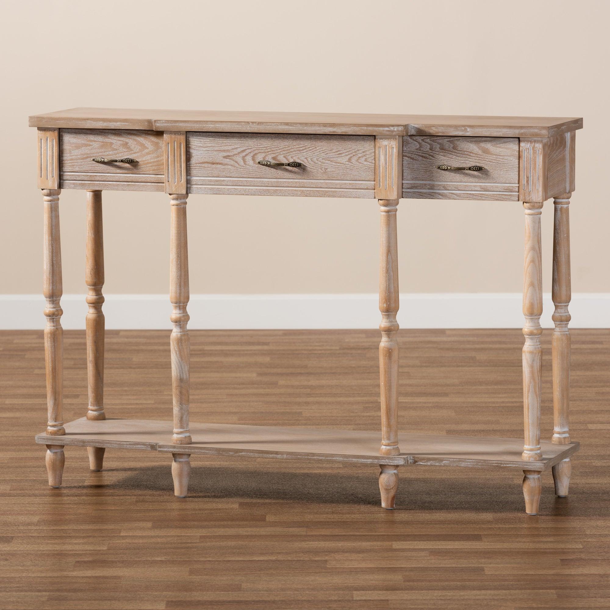 Hallan Classic and Traditional French Provincial Rustic washed Finished Wood 3-Drawer Console Table