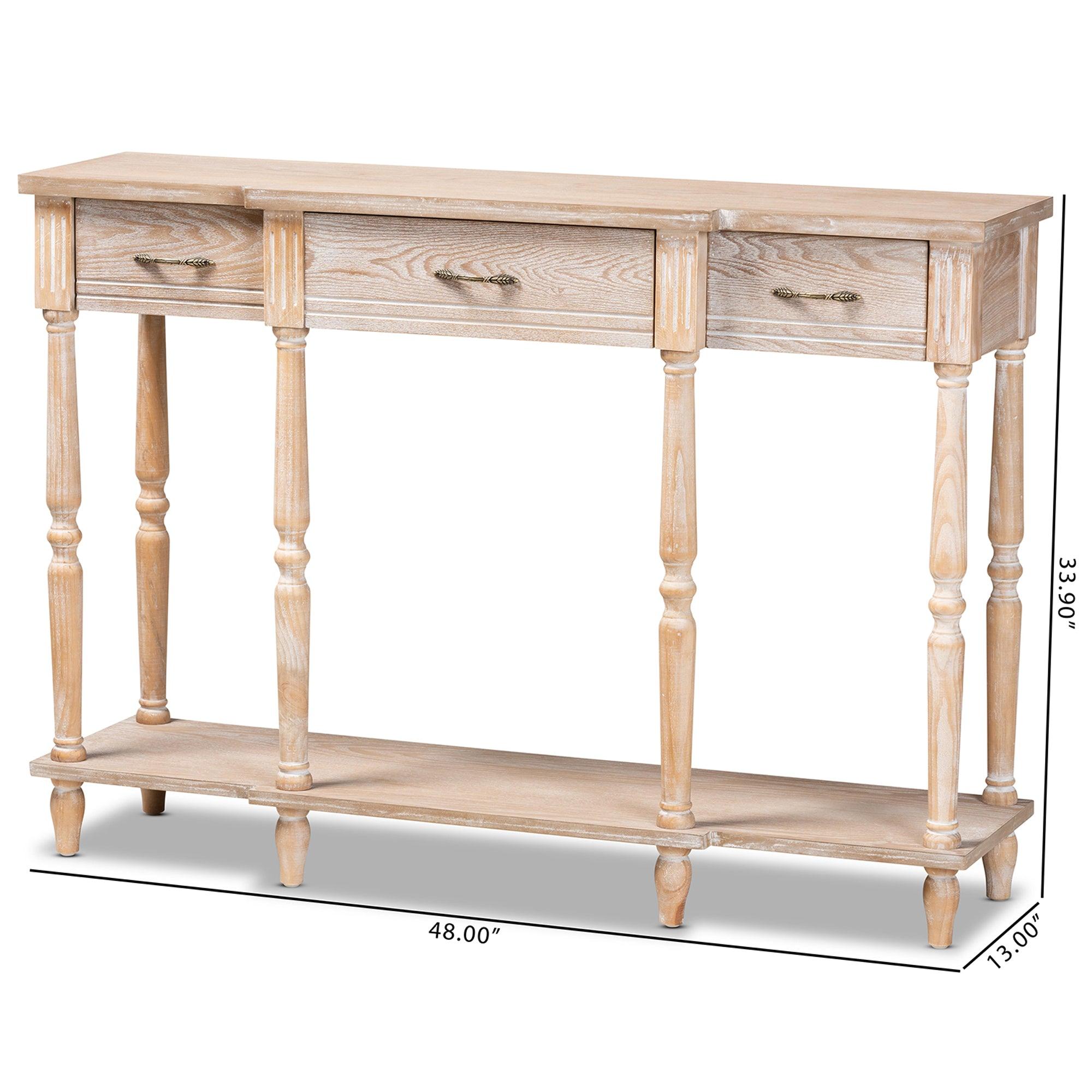 Hallan Classic and Traditional French Provincial Rustic washed Finished Wood 3-Drawer Console Table