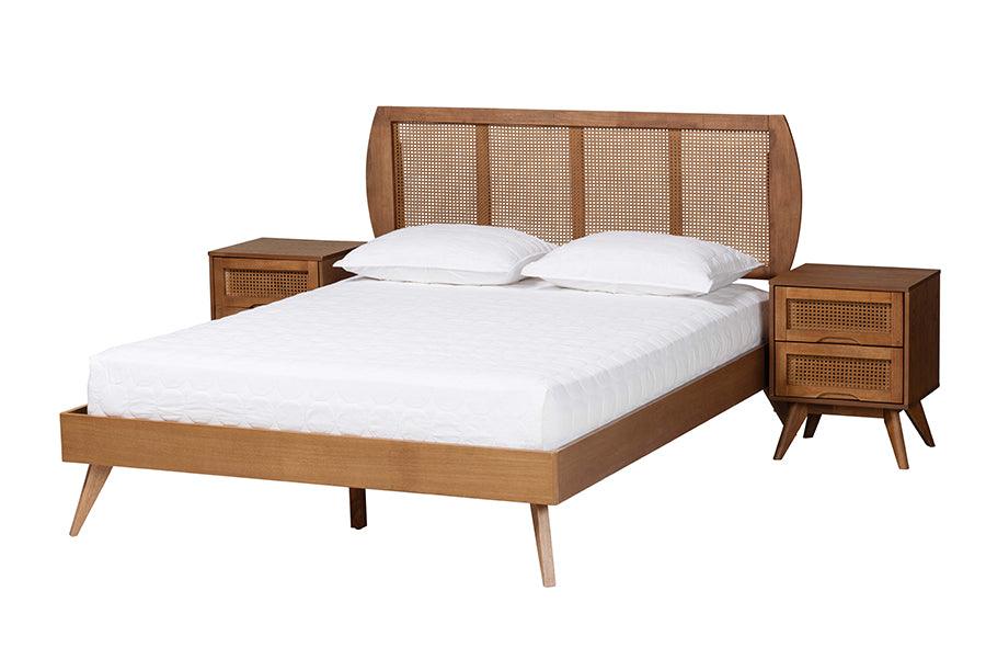 Asami Mid-Century Modern Finished Wood and Woven Rattan 3-Piece Bedroom Set