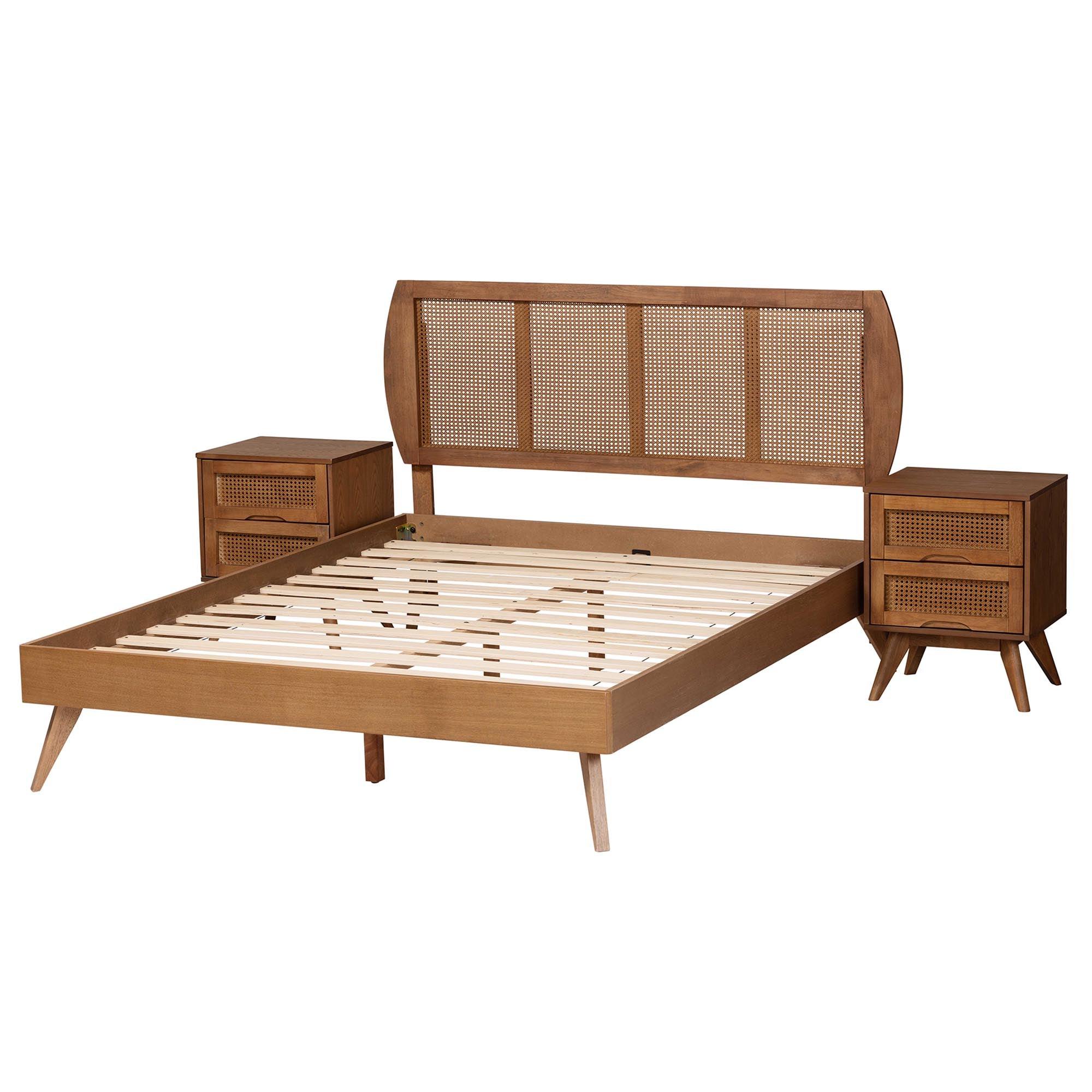 Asami Mid-Century Modern Finished Wood and Woven Rattan 3-Piece Bedroom Set