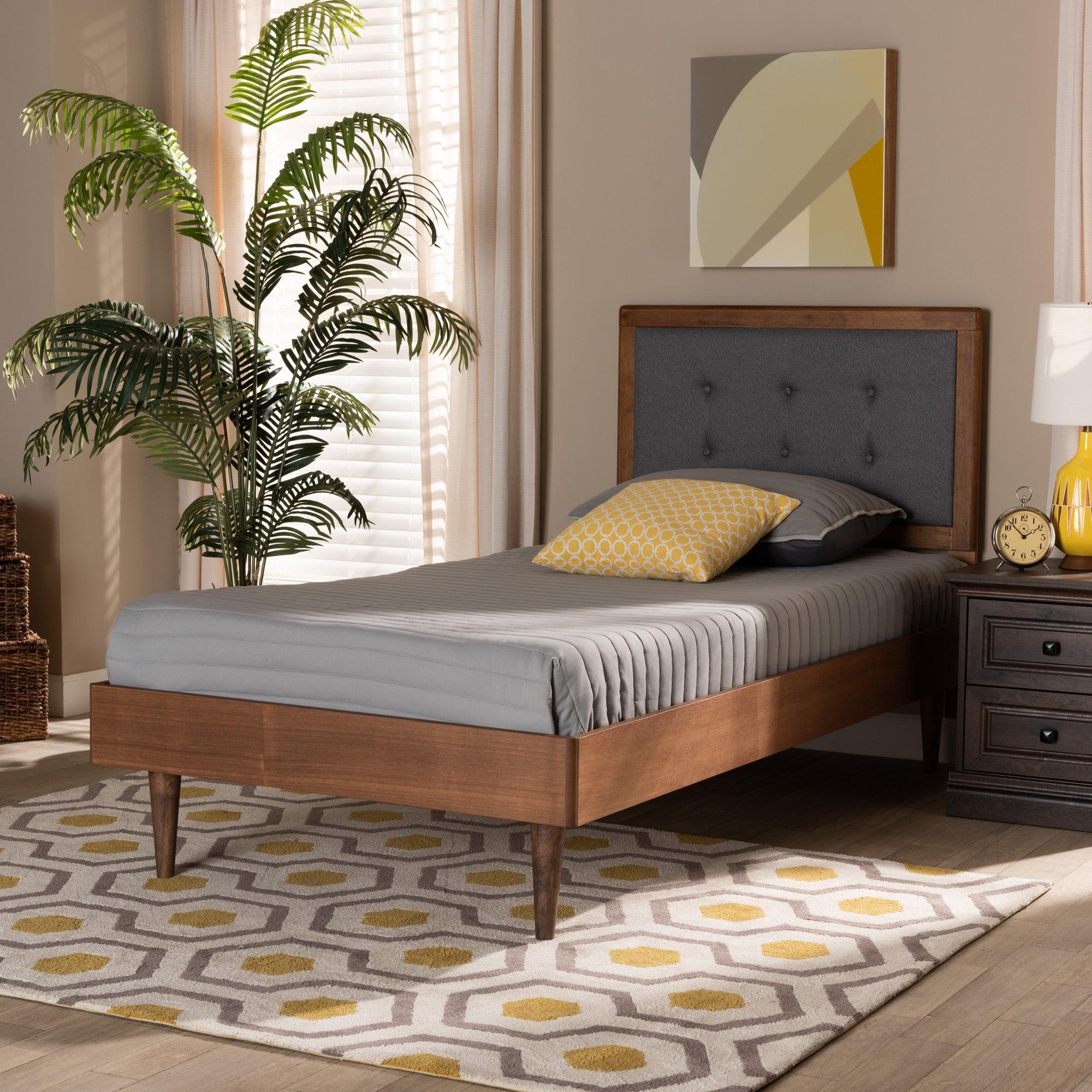 Greta Mid-Century Modern Dark Fabric Upholstered and Finished Wood Platform Bed