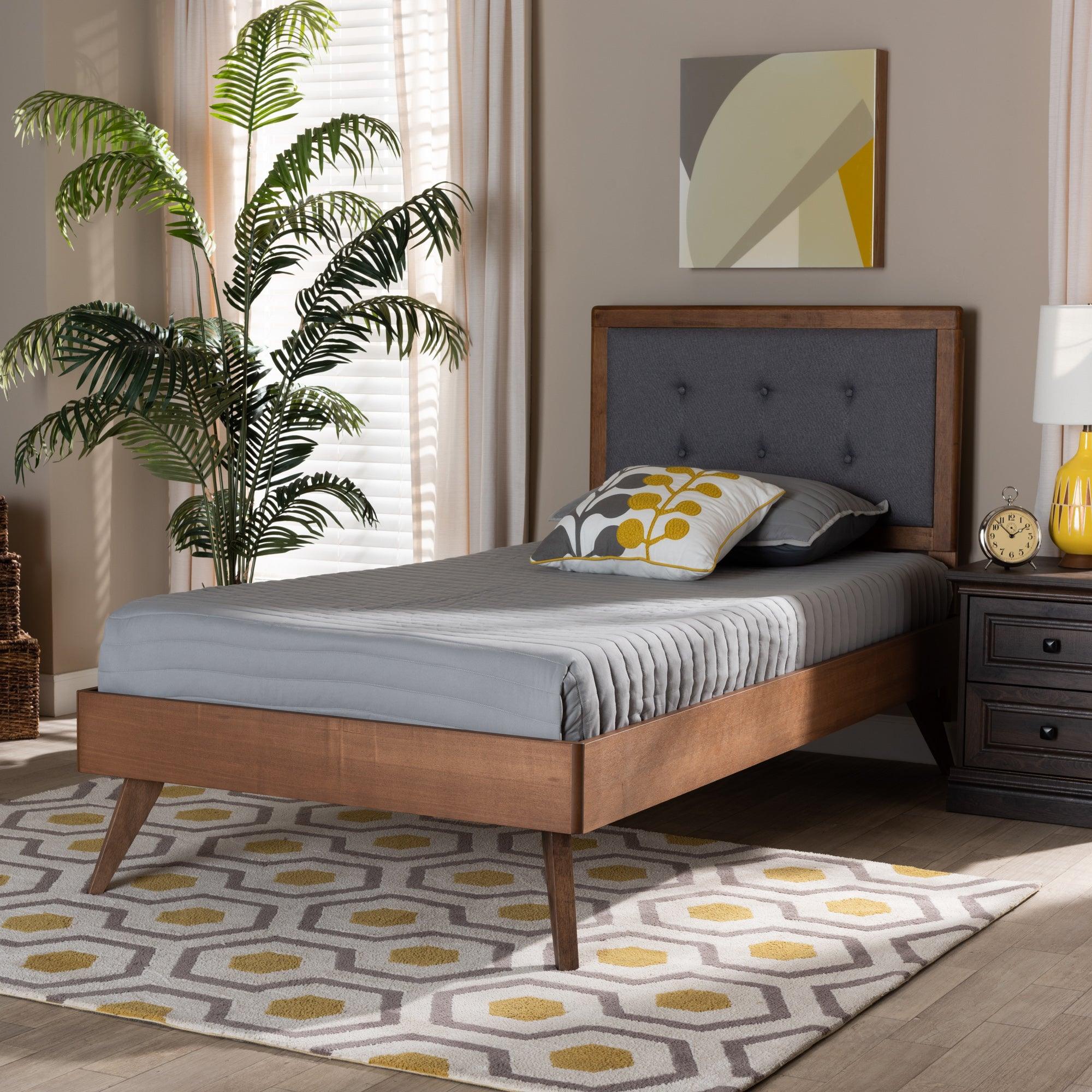 Alida Mid-Century Modern Dark Fabric Upholstered and Finished Wood Platform Bed