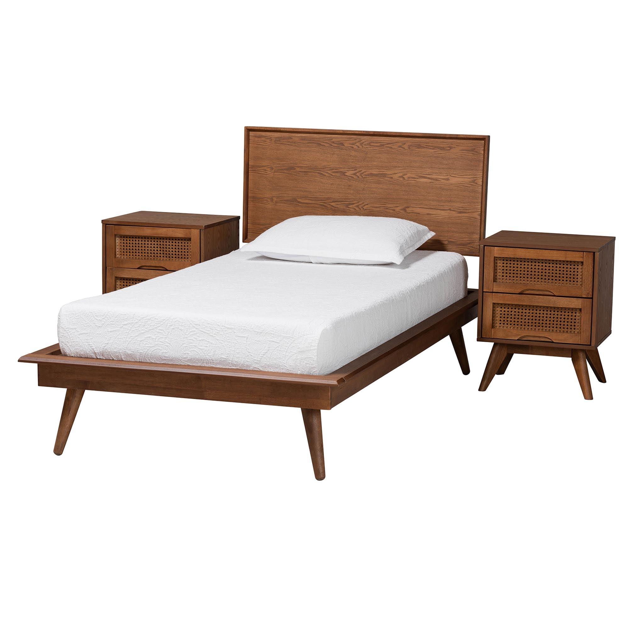 Melora Mid-Century Modern Finished Wood and Rattan 3-Piece Bedroom Set