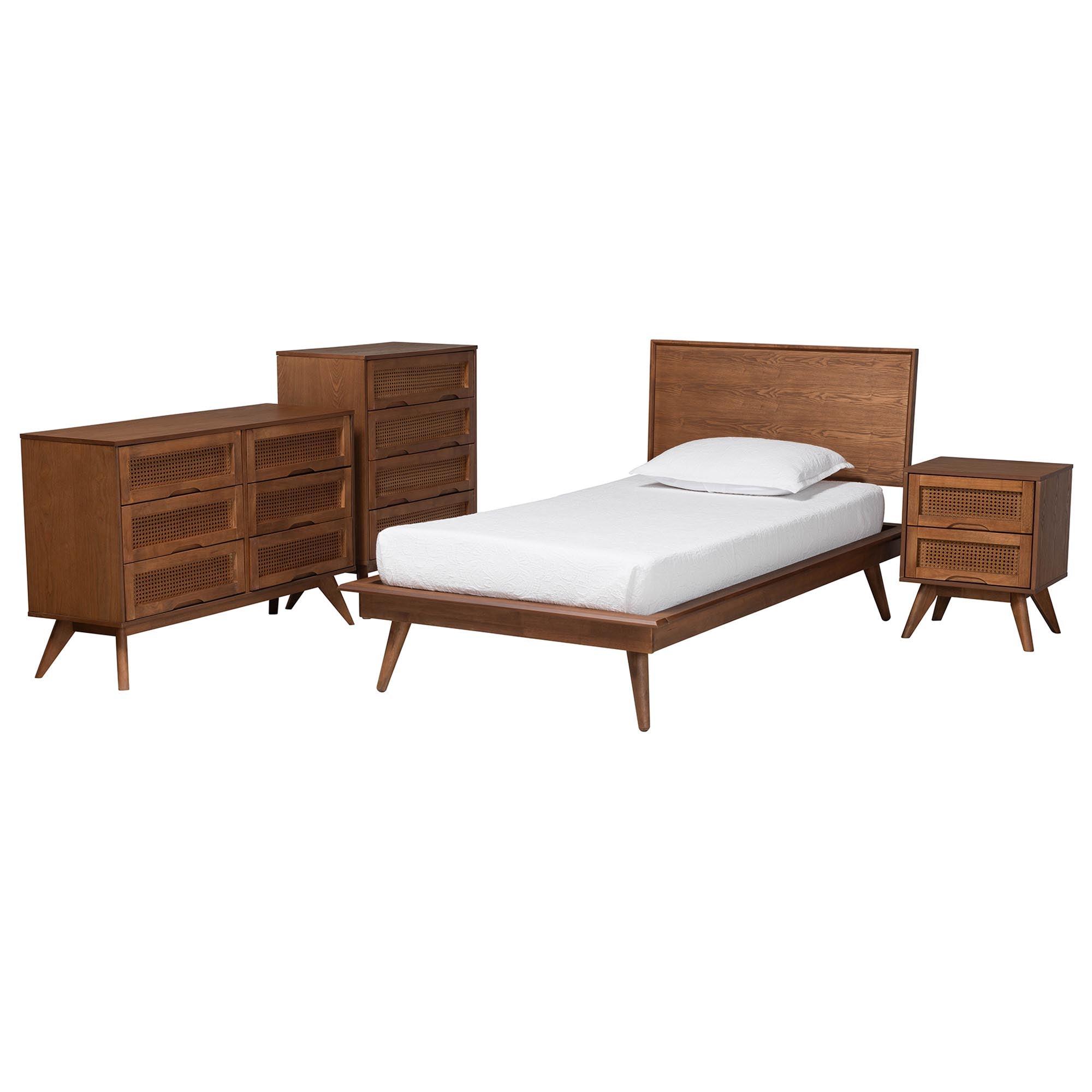 Melora Mid-Century Modern Finished Wood and Rattan 4-Piece Bedroom Set