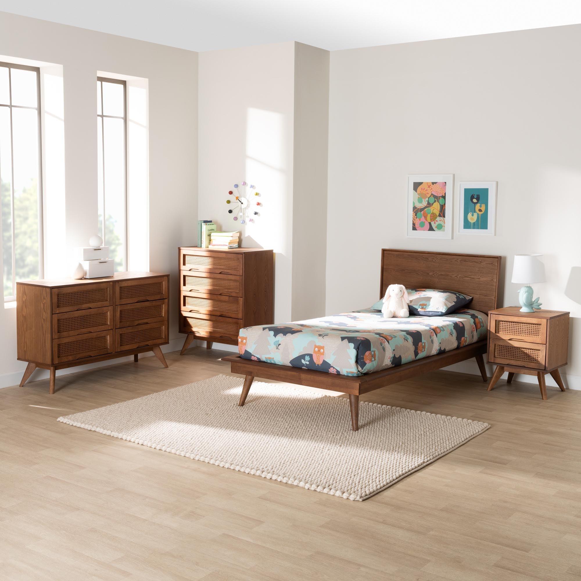 Melora Mid-Century Modern Finished Wood and Rattan 4-Piece Bedroom Set