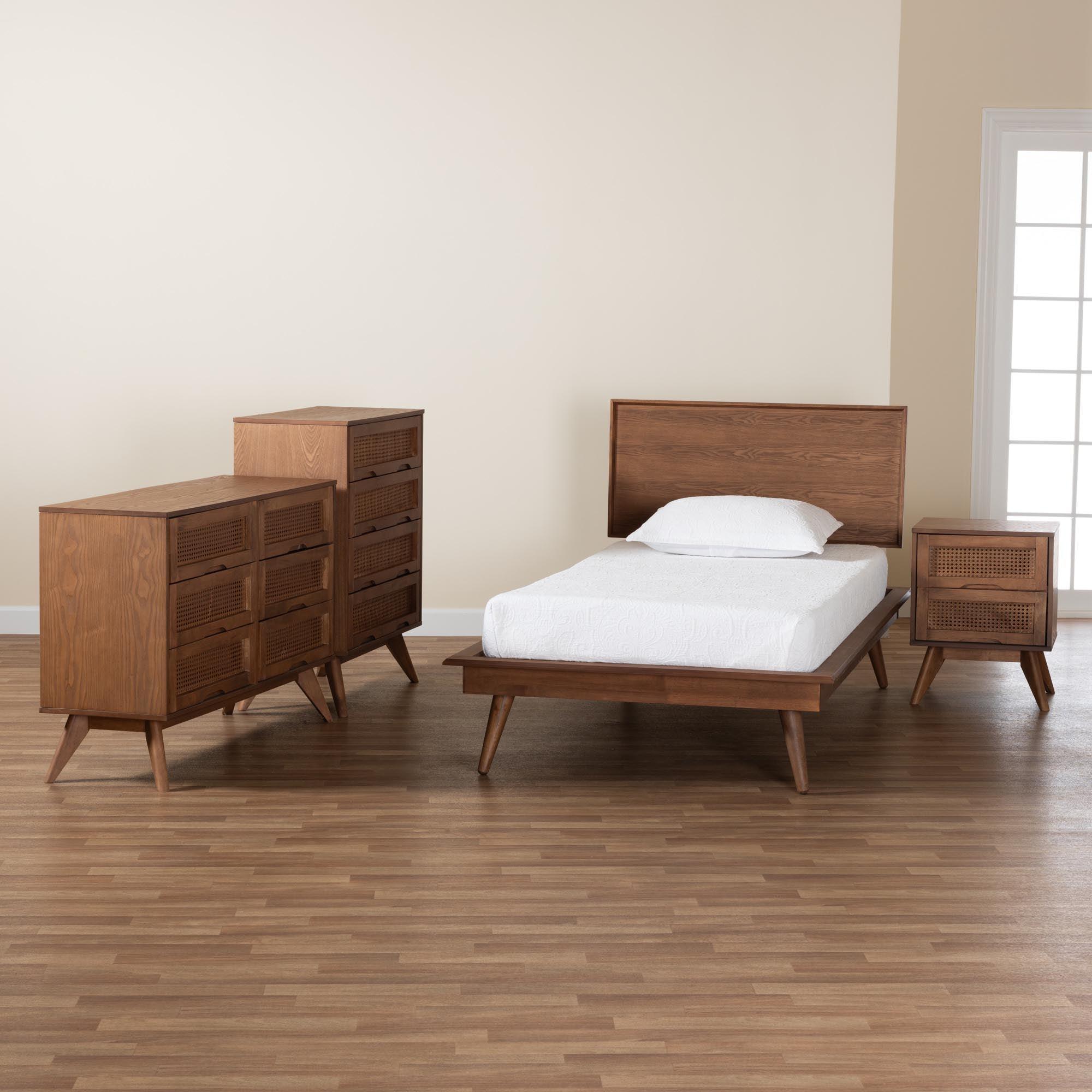 Melora Mid-Century Modern Finished Wood and Rattan 4-Piece Bedroom Set