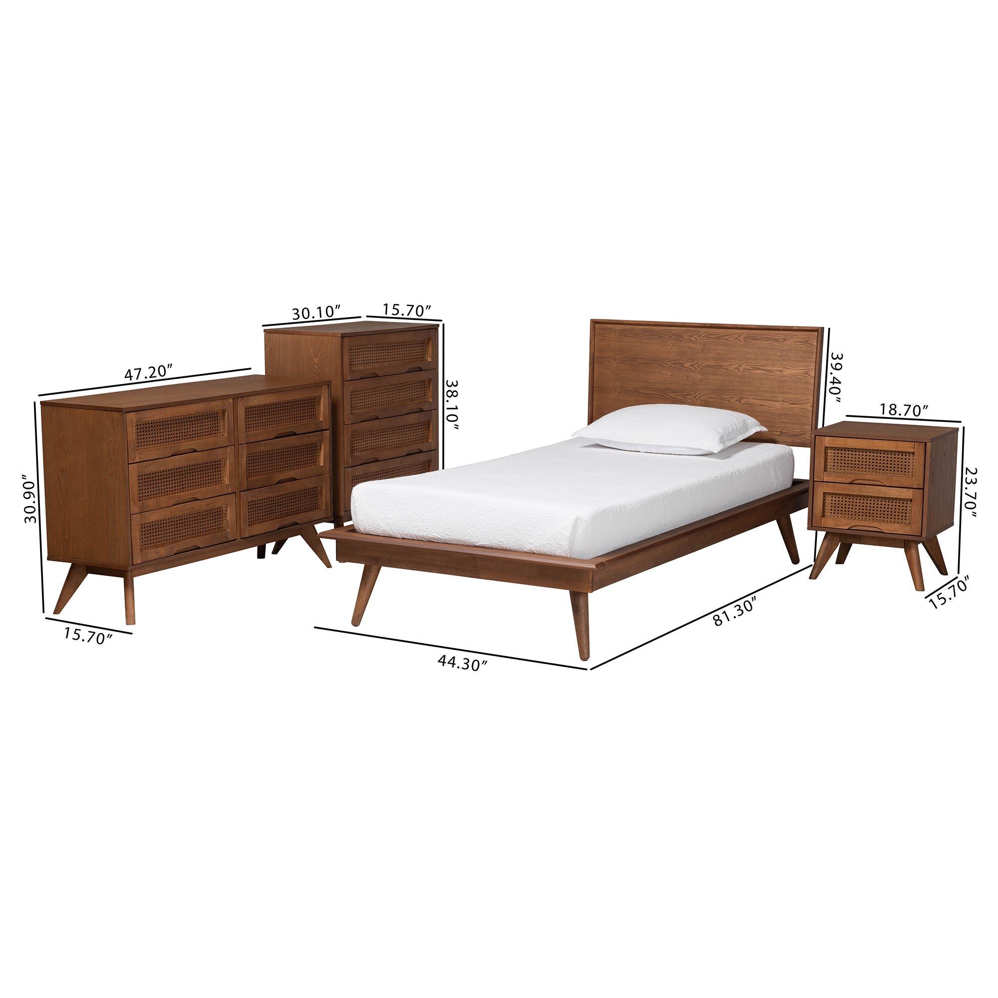 Melora Mid-Century Modern Finished Wood and Rattan 4-Piece Bedroom Set