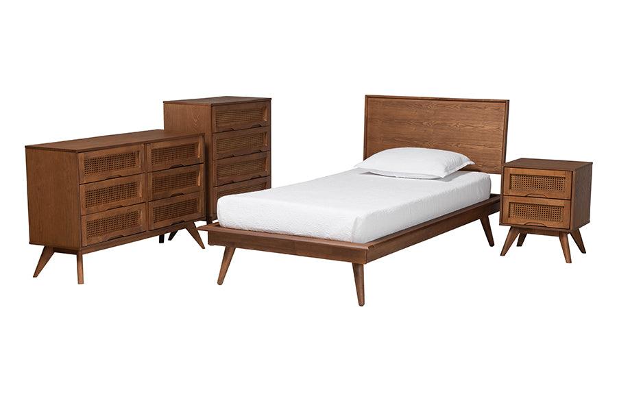 Melora Mid-Century Modern Finished Wood and Rattan 4-Piece Bedroom Set