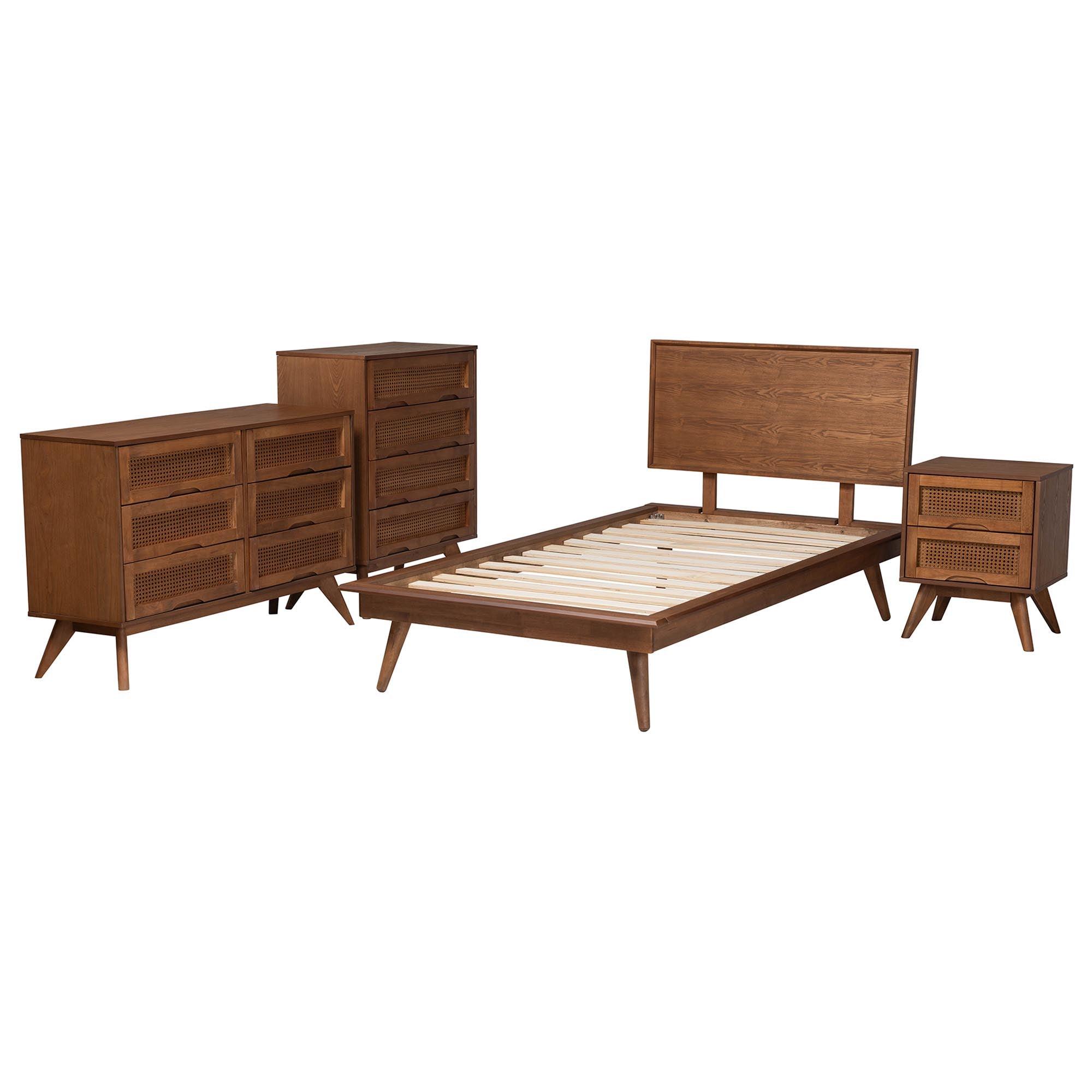 Melora Mid-Century Modern Finished Wood and Rattan 4-Piece Bedroom Set