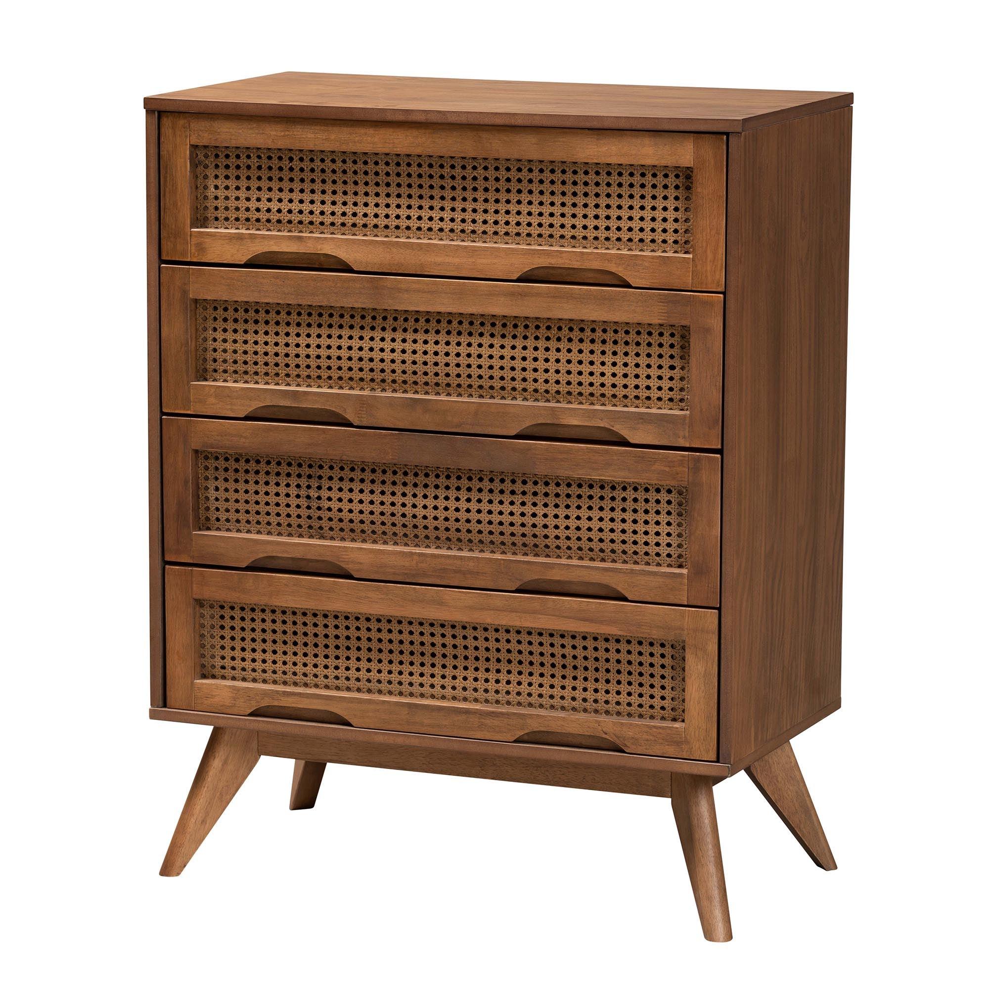 Melora Mid-Century Modern Finished Wood and Rattan 4-Piece Bedroom Set