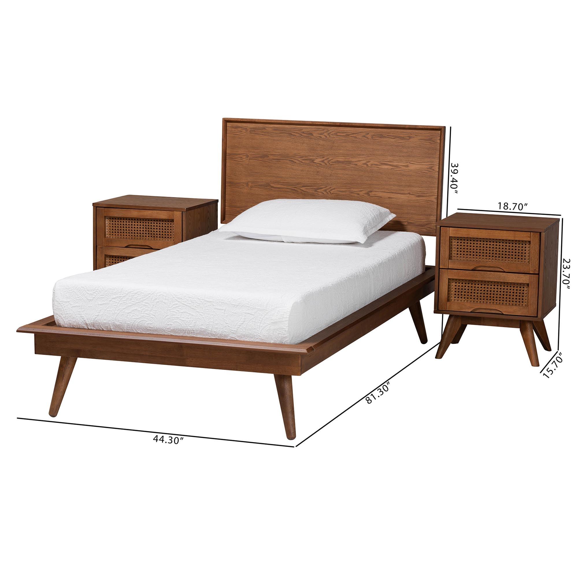 Melora Mid-Century Modern Finished Wood and Rattan 3-Piece Bedroom Set