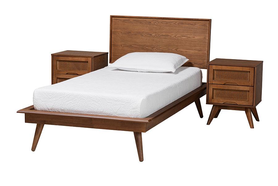 Melora Mid-Century Modern Finished Wood and Rattan 3-Piece Bedroom Set