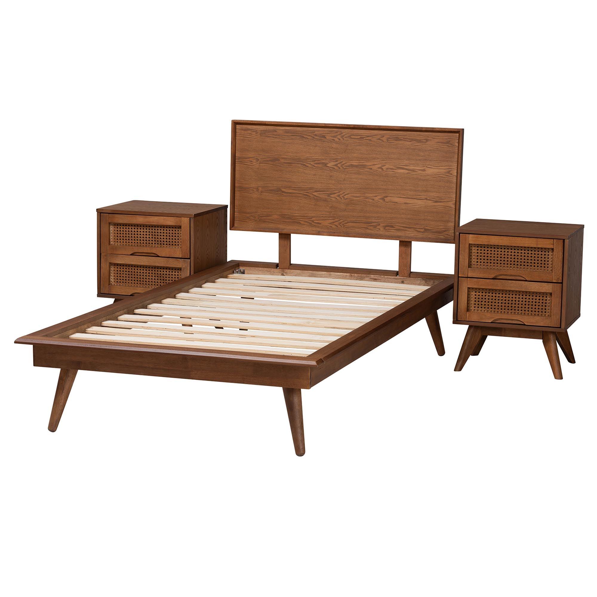 Melora Mid-Century Modern Finished Wood and Rattan 3-Piece Bedroom Set