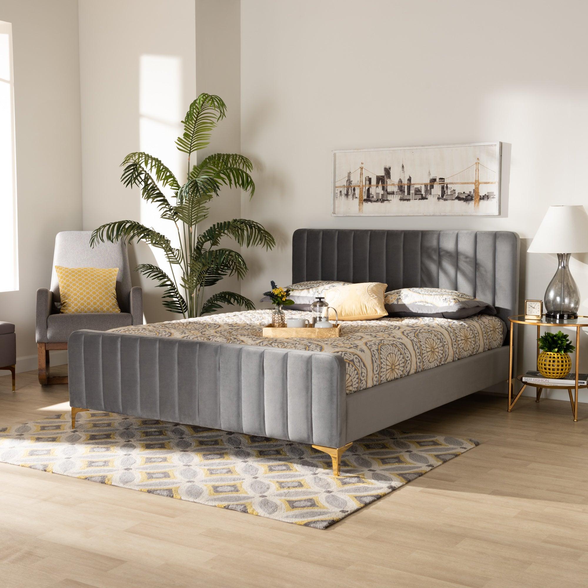 Nami Modern Contemporary Glam and Luxe Light Velvet Fabric Upholstered and Finished Platform Bed