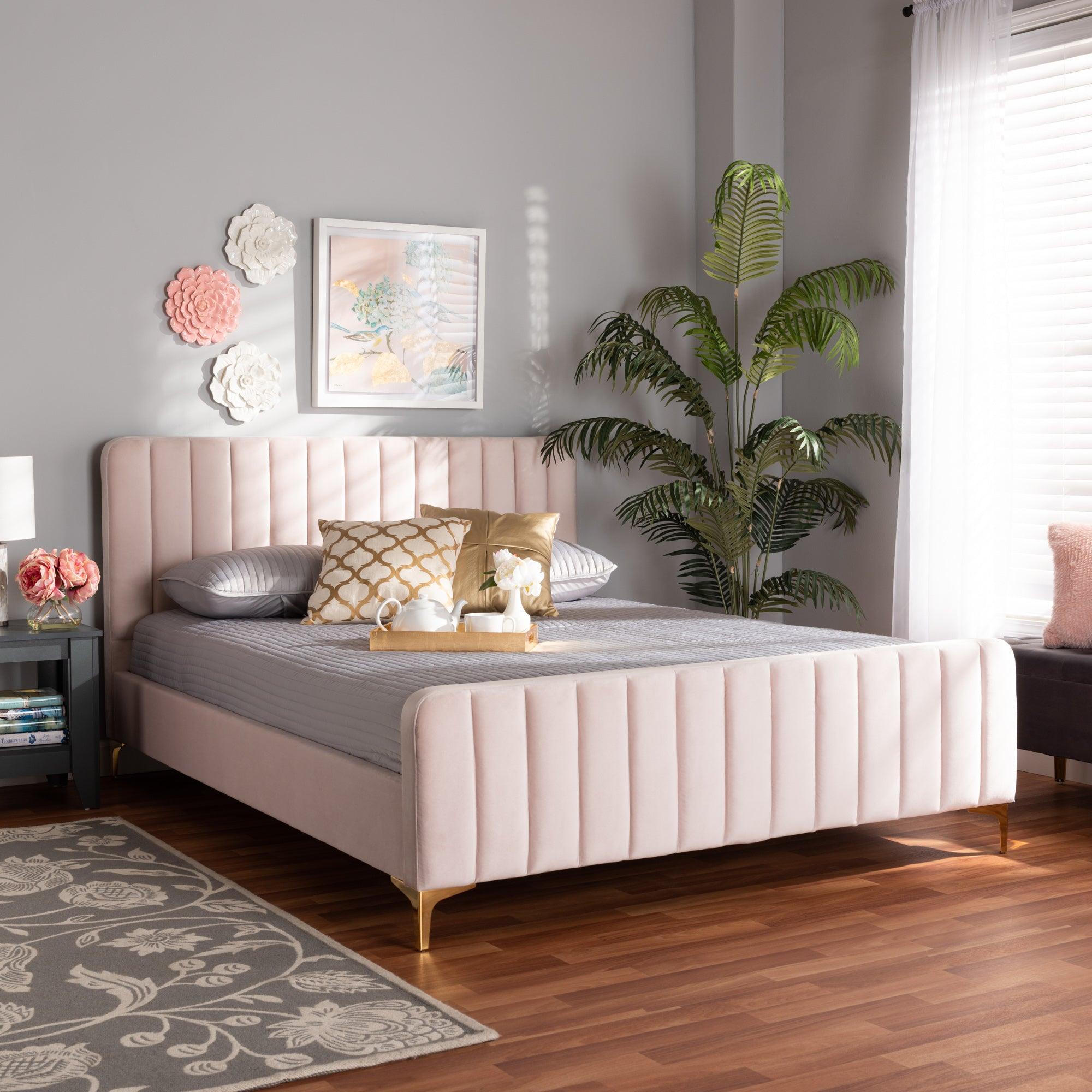 Nami Modern Contemporary Glam and Luxe Light Velvet Fabric Upholstered and Finished Platform Bed