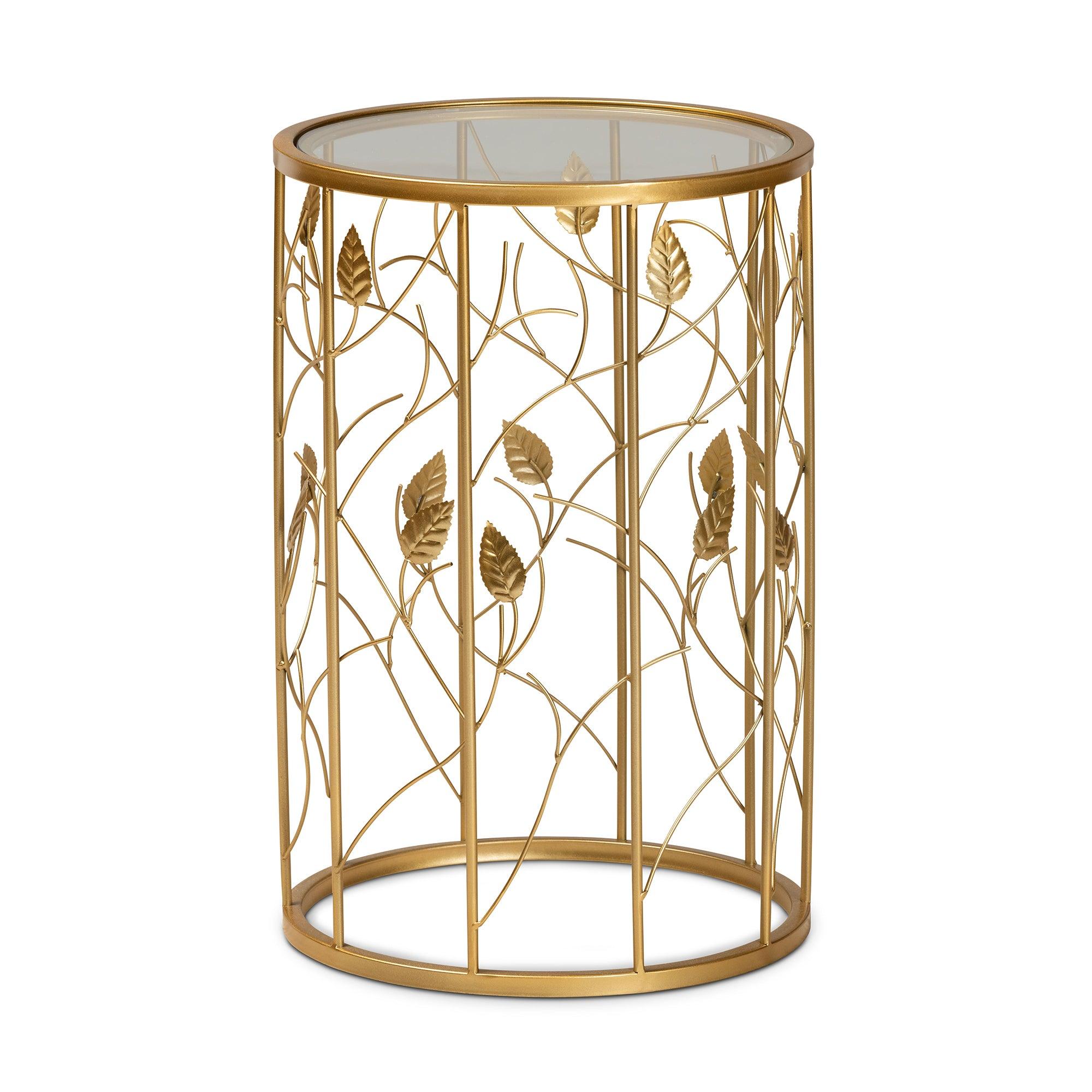 Anaya Modern and Contemporary Glam Brushed Finished Metal and Glass Leaf Accent End Table