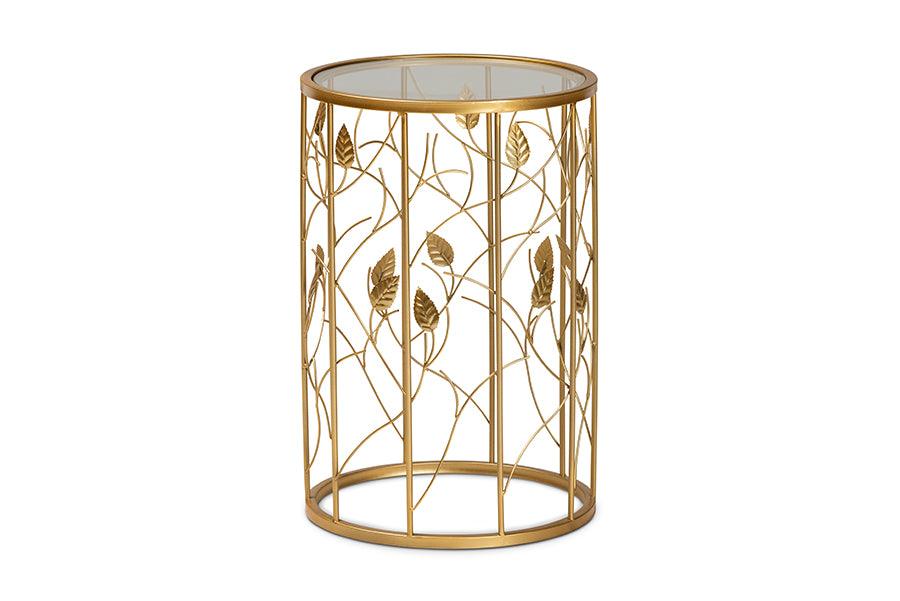 Anaya Modern and Contemporary Glam Brushed Finished Metal and Glass Leaf Accent End Table