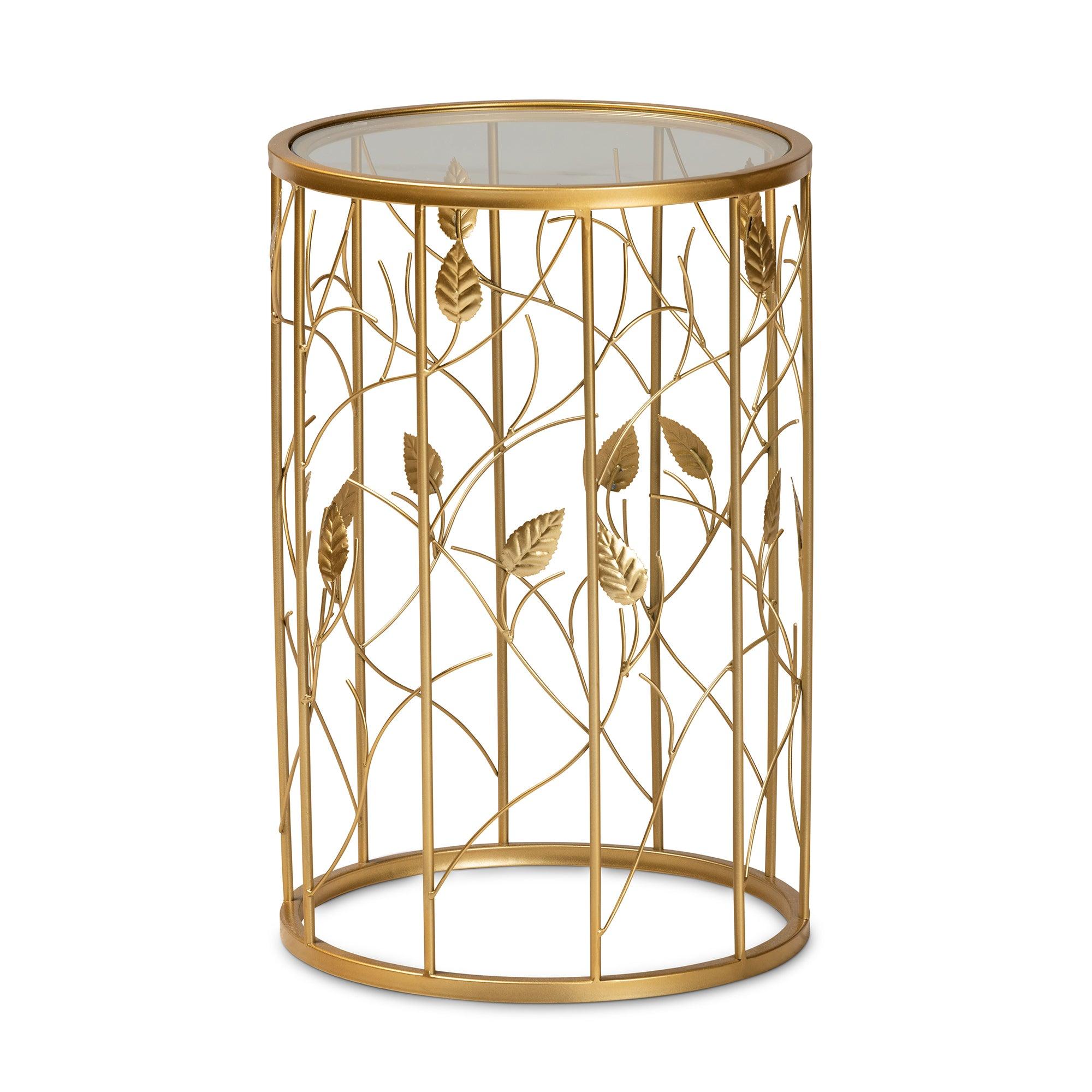 Anaya Modern and Contemporary Glam Brushed Finished Metal and Glass Leaf Accent End Table