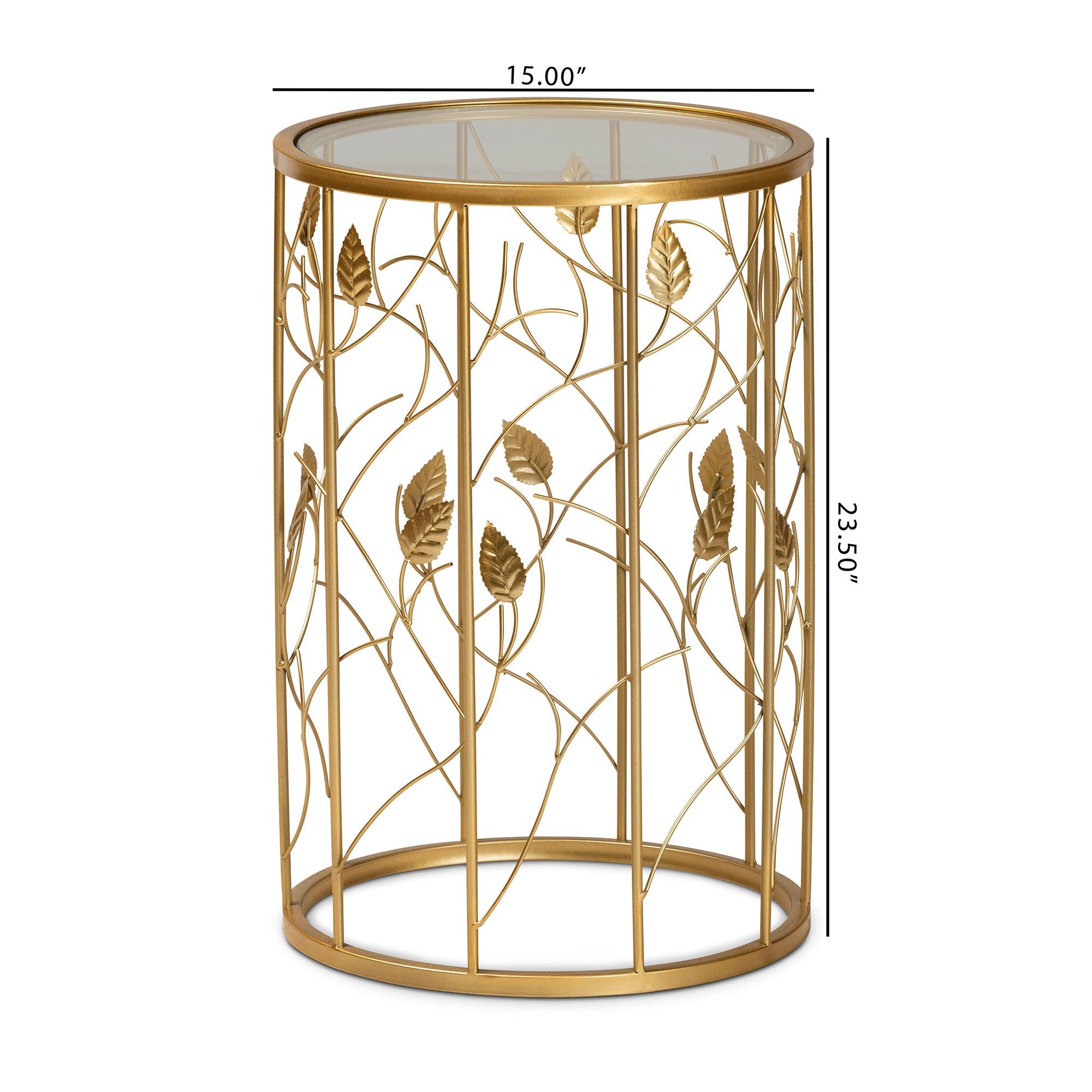 Anaya Modern and Contemporary Glam Brushed Finished Metal and Glass Leaf Accent End Table