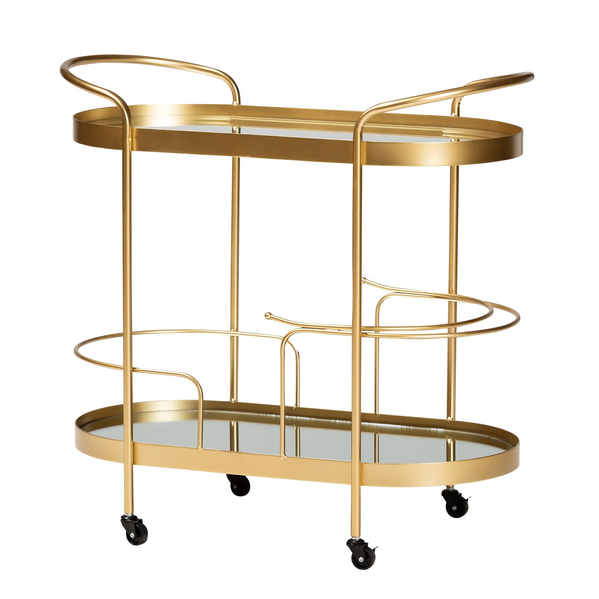 Kamal Modern and Contemporary Glam Brushed Finished Metal and Mirrored Glass 2-Tier Mobile Wine Bar Cart