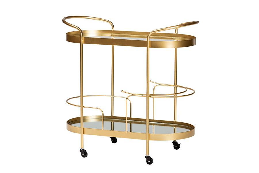 Kamal Modern and Contemporary Glam Brushed Finished Metal and Mirrored Glass 2-Tier Mobile Wine Bar Cart