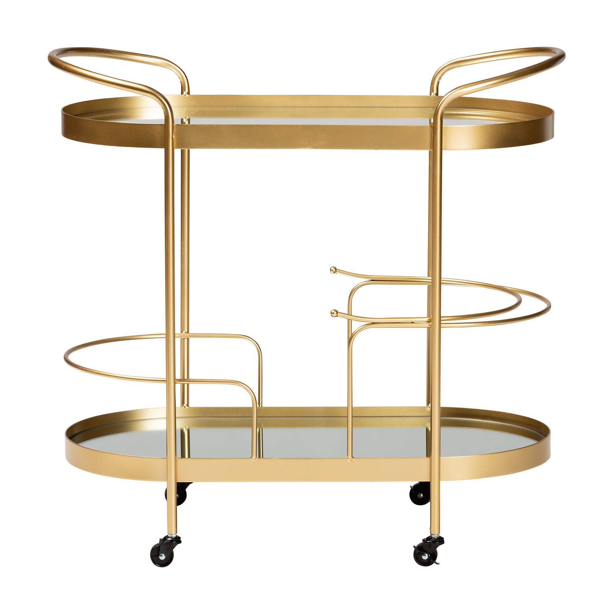 Kamal Modern and Contemporary Glam Brushed Finished Metal and Mirrored Glass 2-Tier Mobile Wine Bar Cart