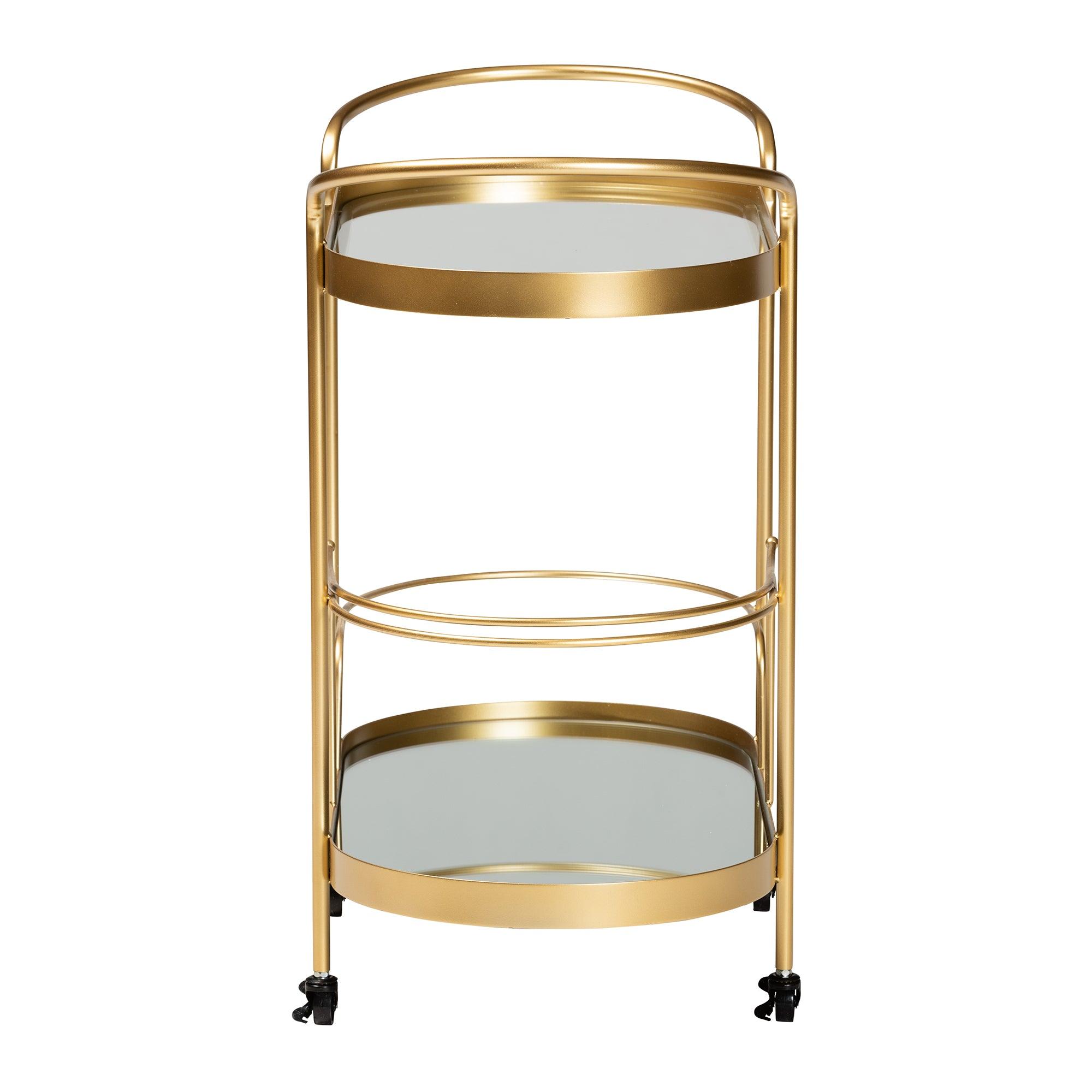 Kamal Modern and Contemporary Glam Brushed Finished Metal and Mirrored Glass 2-Tier Mobile Wine Bar Cart